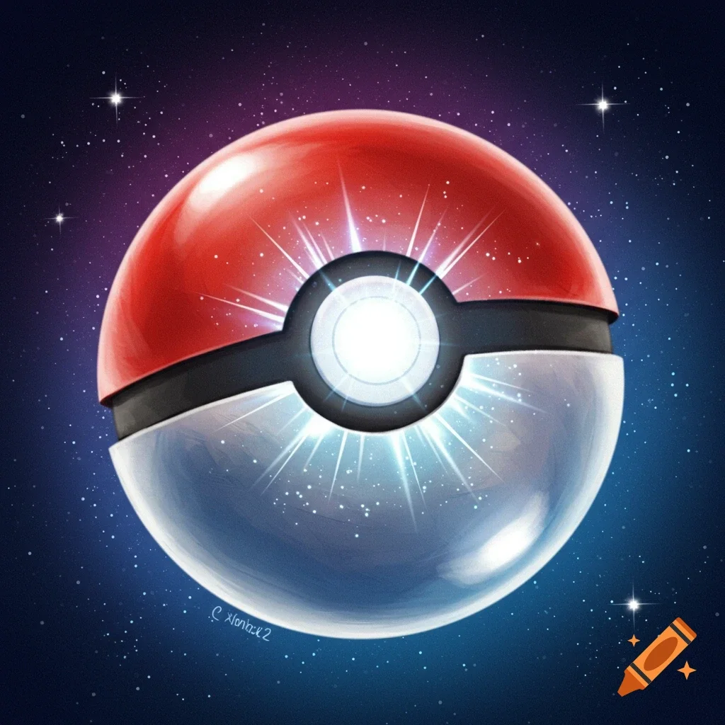 A digital illustration of a Poké Ball from the Pokémon franchise, depicted as glowing against a starry space background.