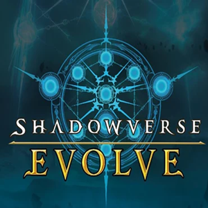 Logo for Shadowverse Evolve featuring a blue mystical symbol with glowing circles and a central point, with the title in gold and white text.