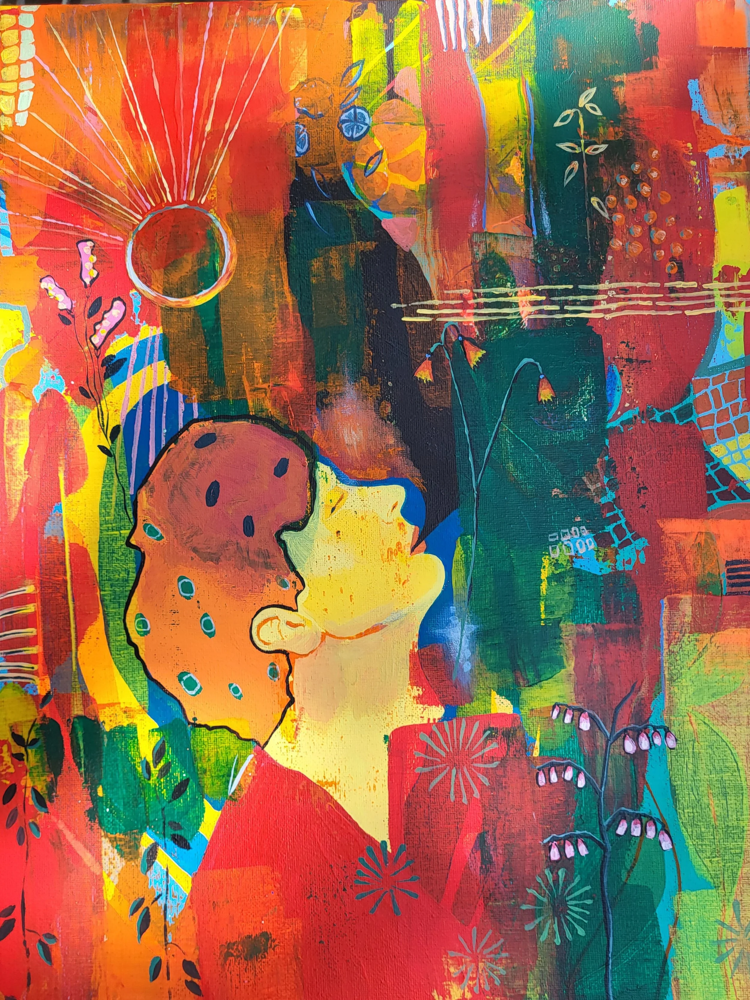 Colorful abstract painting with a woman's profile, using bright reds, yellows, greens, blues, and oranges, featuring stylized flowers, geometric shapes, and radiant light effects.
