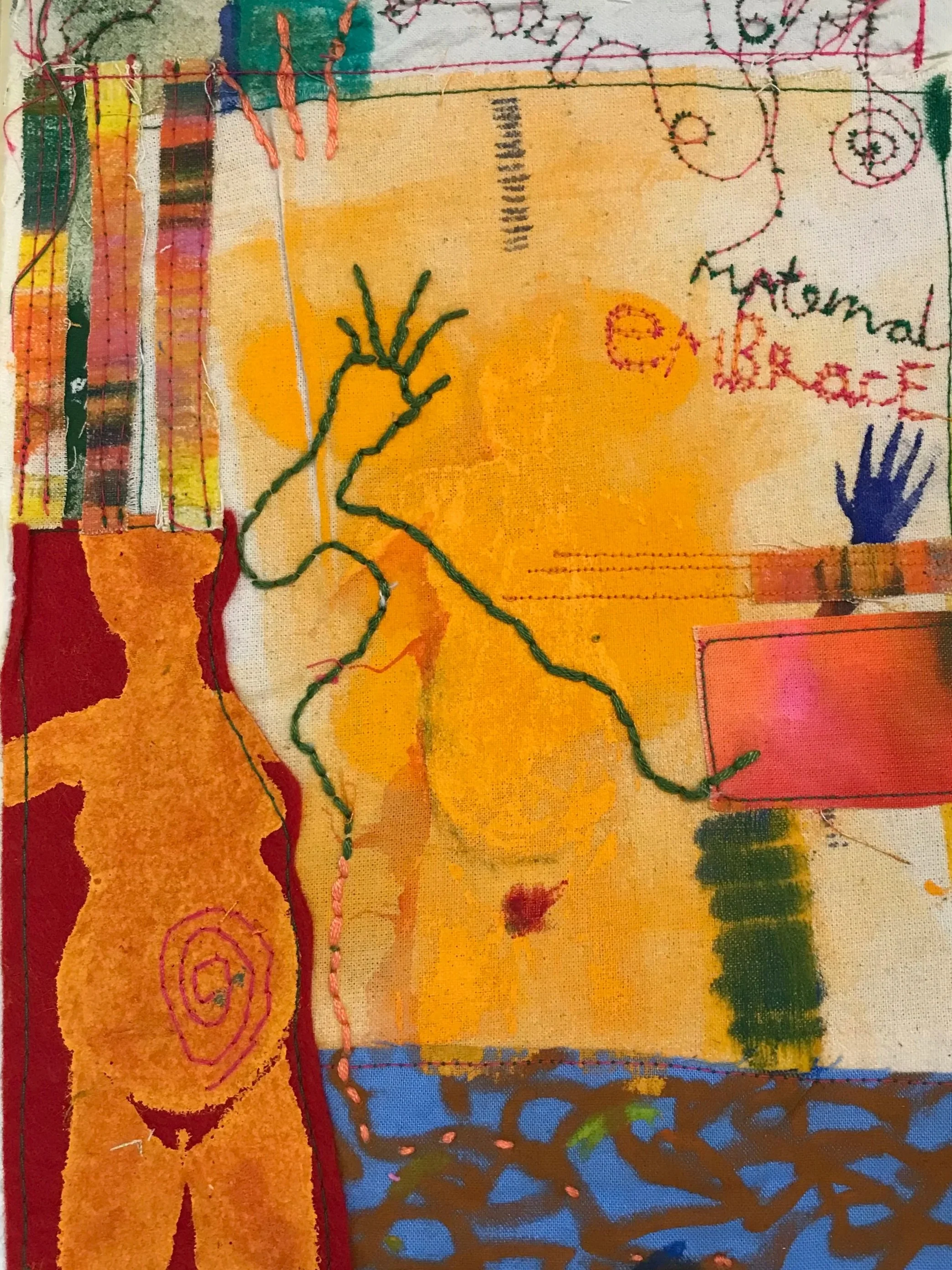 Mixed media abstract artwork featuring a yellow background with a dark green outline of a seated human figure on the left, a small red circle, and colorful stitched or embroidered scribbles and shapes, including text reading "National Breast".