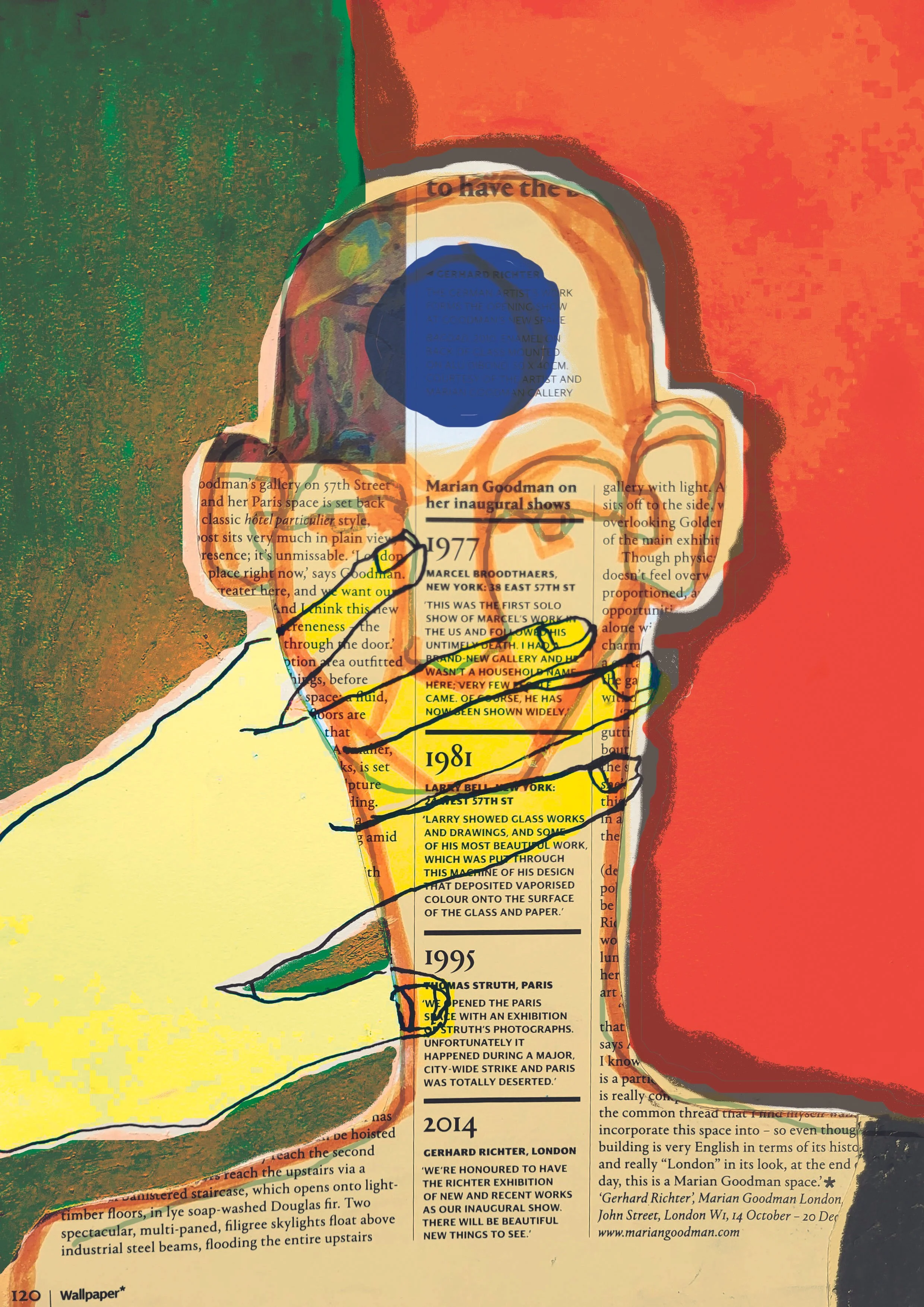 Colorful collage art of a person's head in profile with a background of text and vivid colors like orange, green, yellow, and blue. The face outline is drawn over a collage of text snippets.