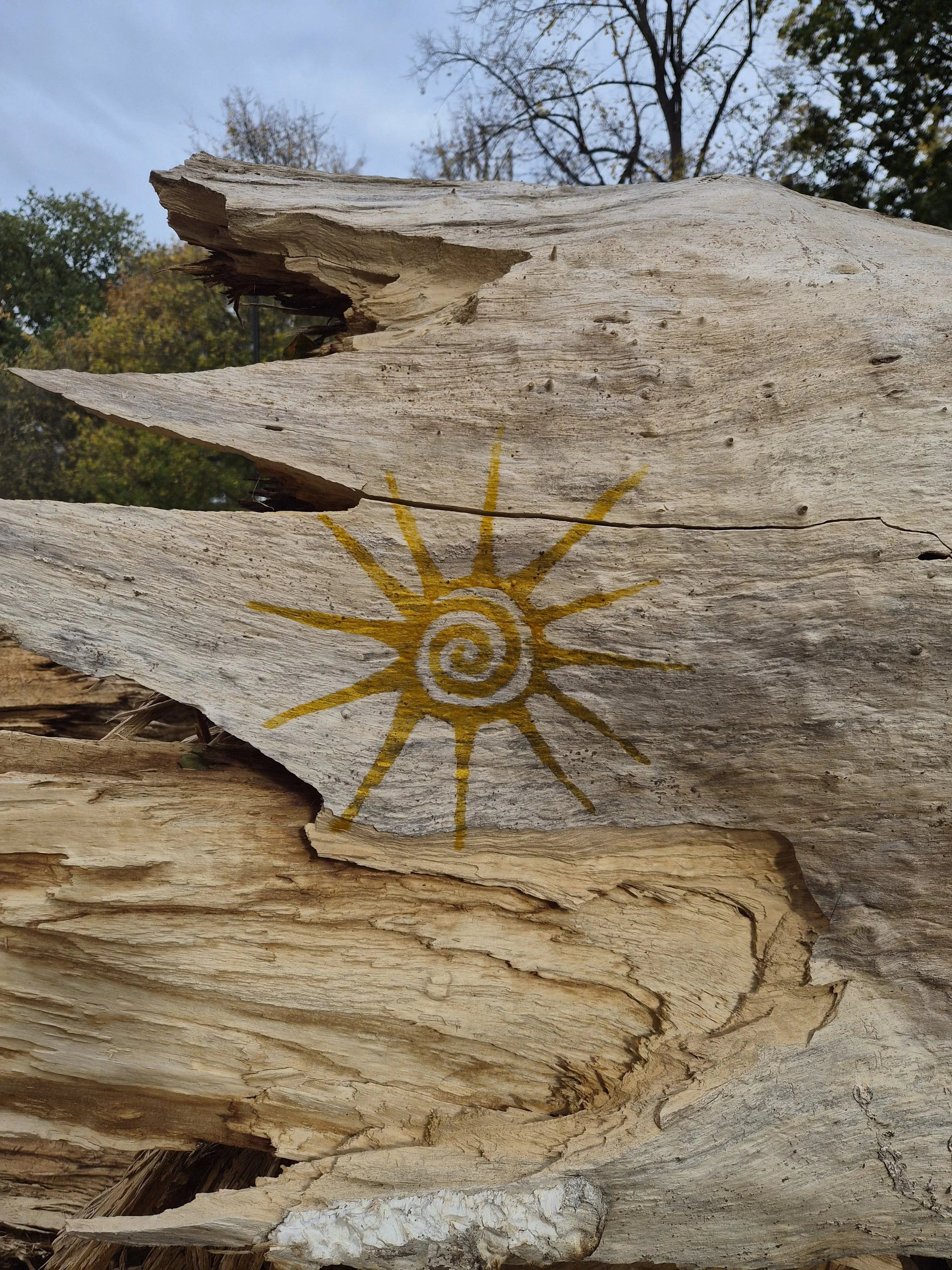 Close-up of weathered driftwood with a painted yellow sun with a spiral center and rays, outdoors with trees and a cloudy sky in the background.
