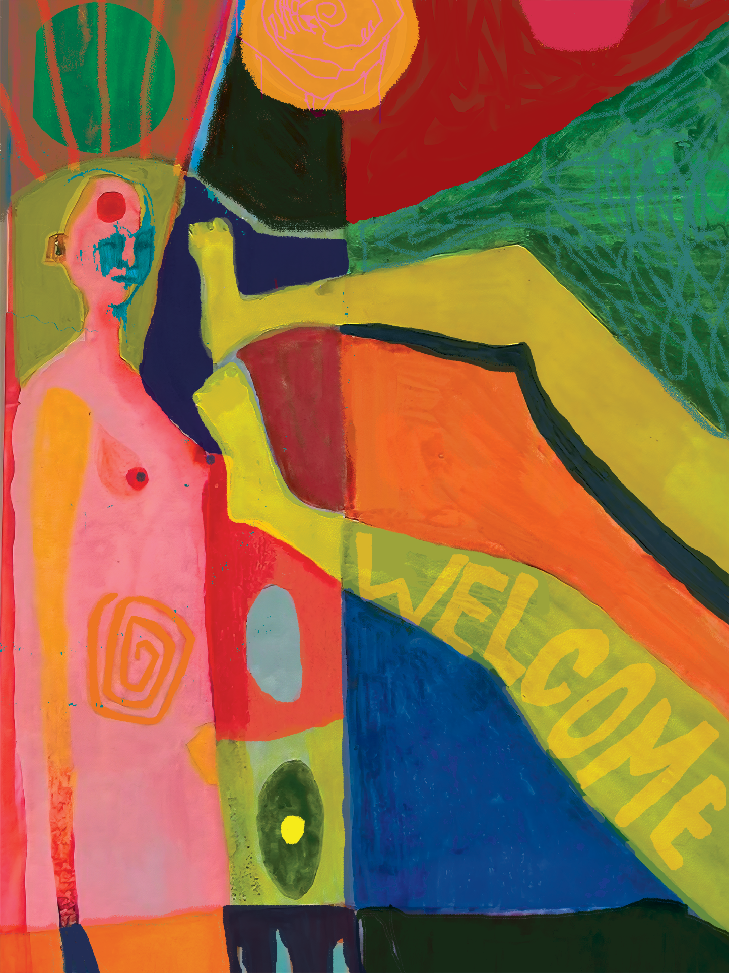 Abstract colorful painting featuring a pink female figure with blue facial features and red circle on the forehead, various geometric shapes, and the word 'WELCOME' in yellow on a green background.