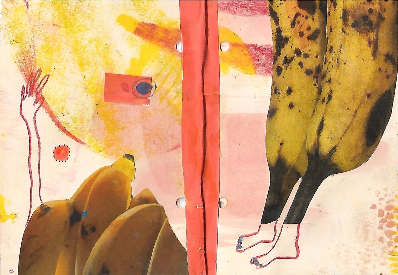 A colorful abstract artwork featuring a collage style with images of bananas and a bird, abstract shapes, and a vertical red strip with small cut-outs.