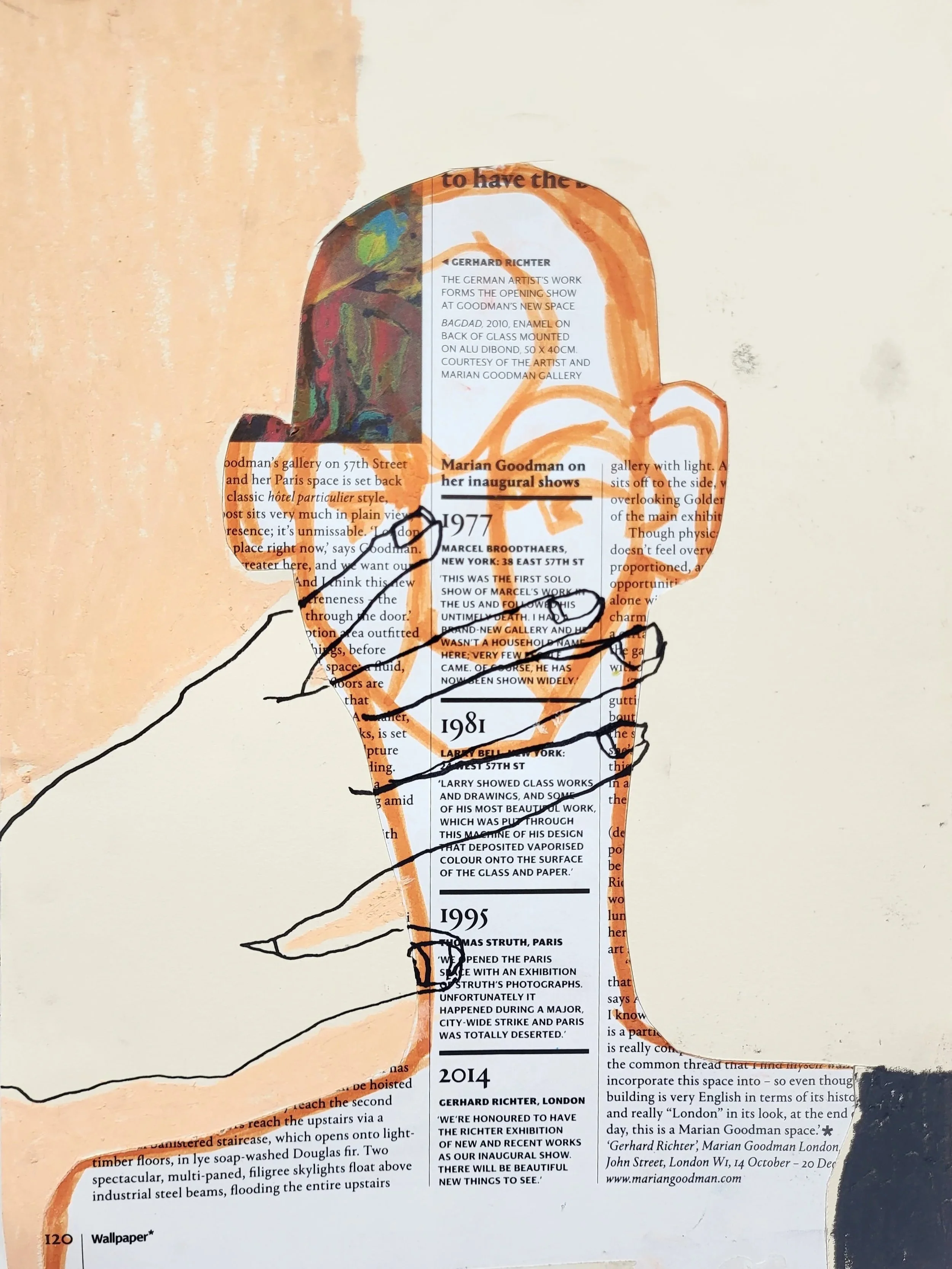 Artwork blending a line drawing of a person’s face overlaid on a collage of magazine text and images. The face is outlined in black with visible accessories, and the background consists of various paragraphs and images in colors like orange and white.