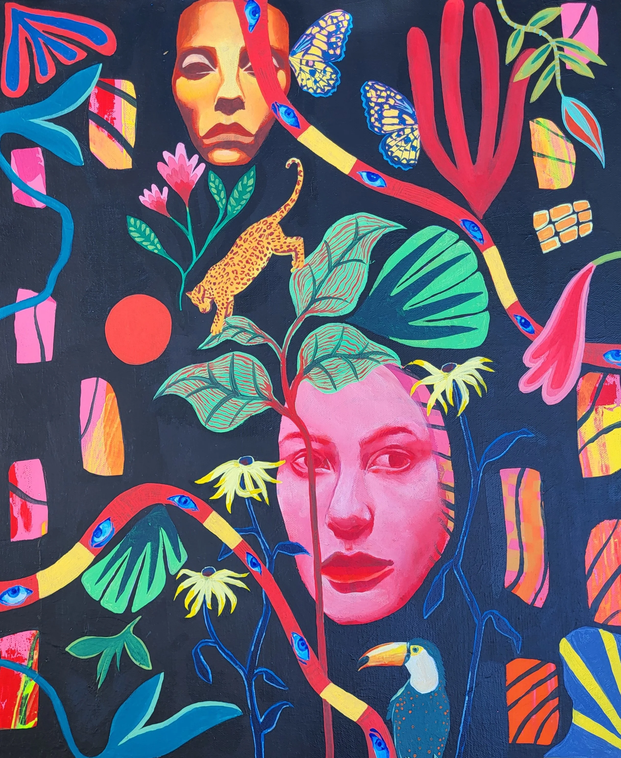 Colorful mural featuring human faces, a leopard, a toucan, butterflies, and various plant and abstract shapes set against a dark background.