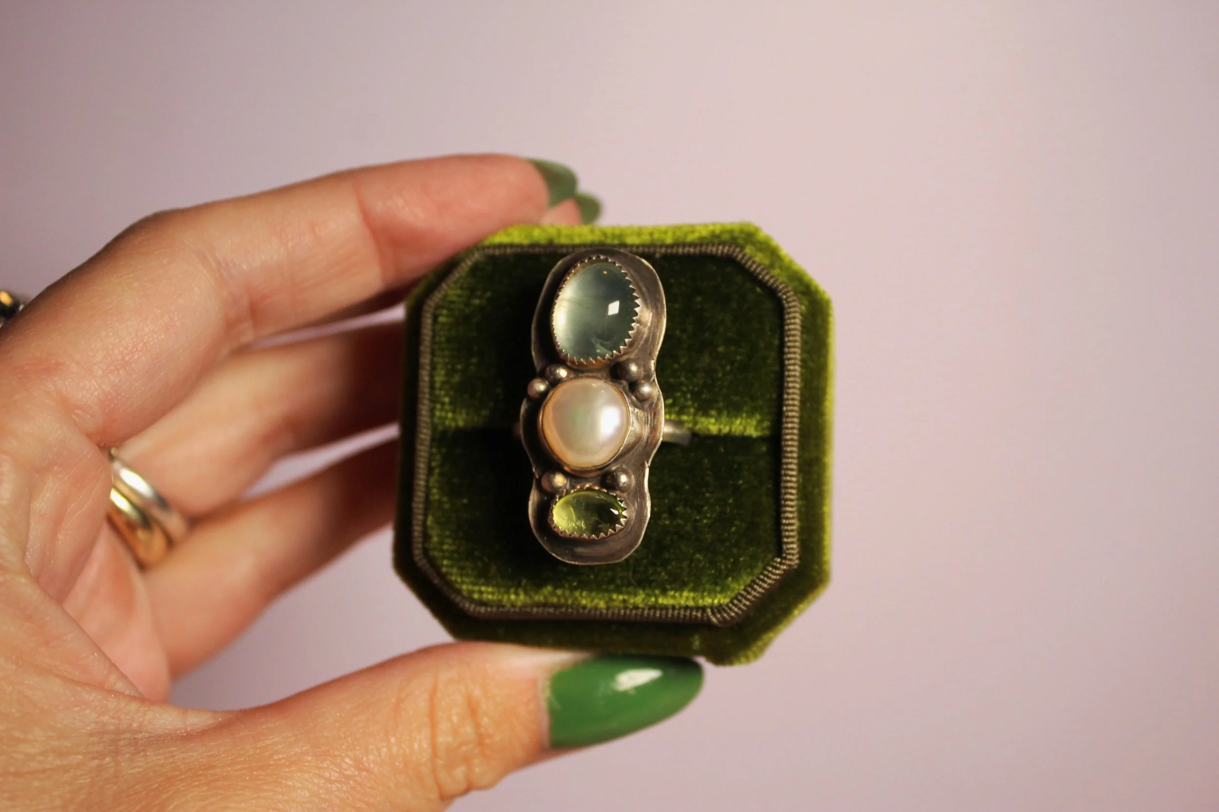 Prehnite/Fresh Water Pearl/Tourmaline Ring