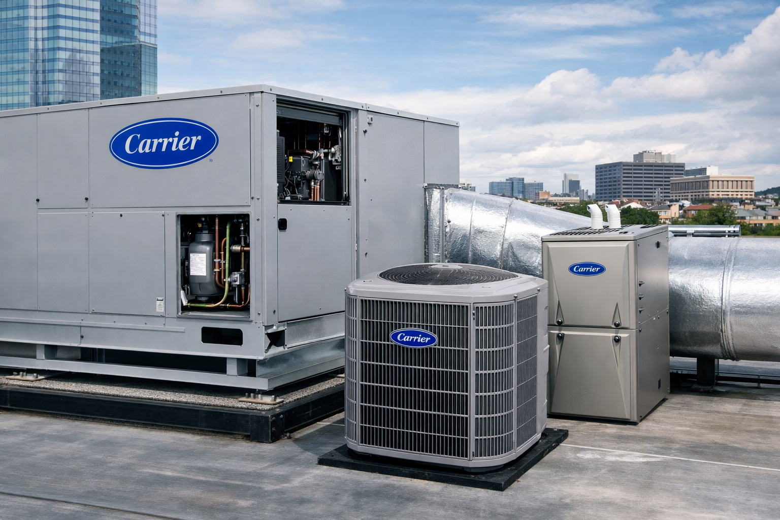 Rooftop view of Carrier HVAC units with cityscape in the background.