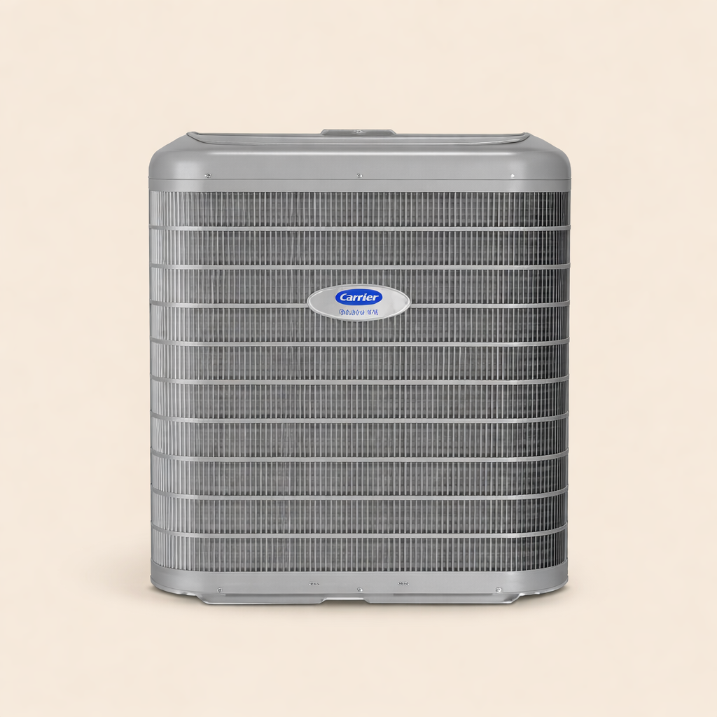 A gray Carrier air conditioning unit with horizontal fins, set against a plain beige background.