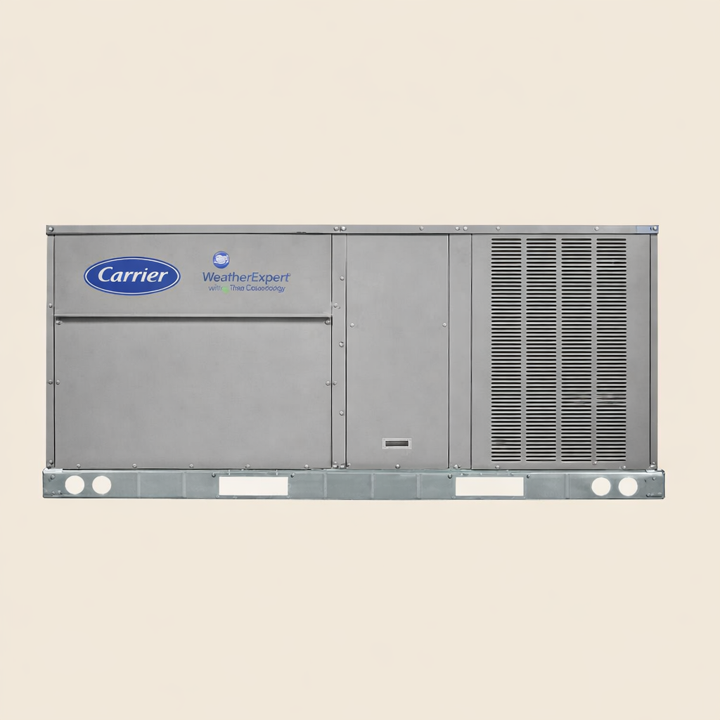A Carrier WeatherExpert HVAC unit with a metal exterior, positioned against a plain background.