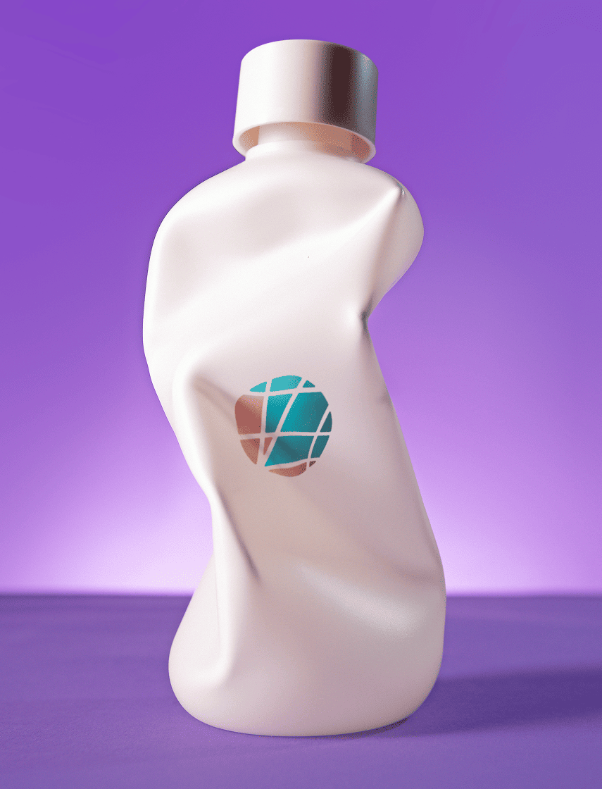 A white plastic bottle with a metallic cap and a crumpled appearance, standing on a purple surface against a purple background, featuring Okeanos logo with blue, brown, and teal geometric shapes.