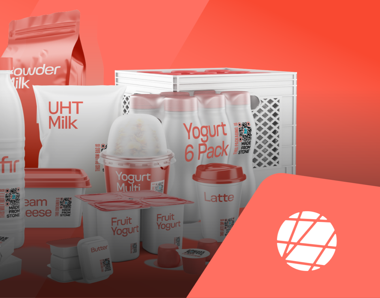 Assorted dairy products including milk, yogurt, cheese, butter, and a latte in containers and packaging, displayed on a red surface with a pink and coral background.