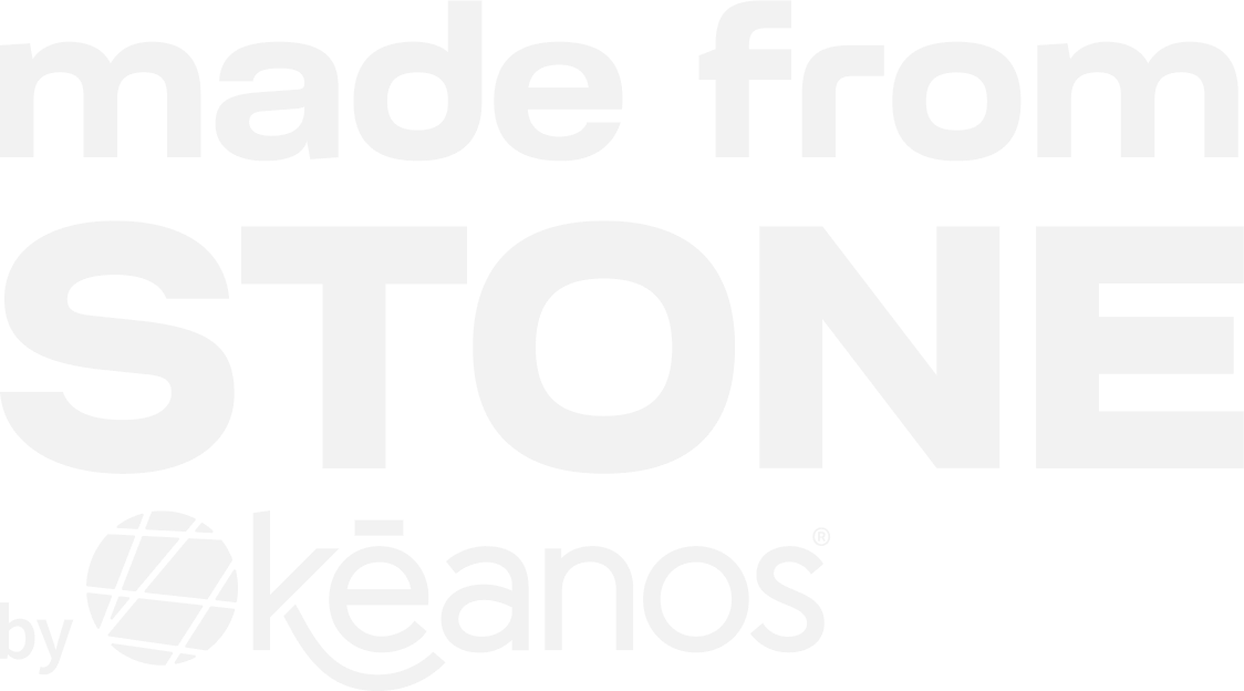 Text that reads "made from STONE by Okeanos" on a white background.