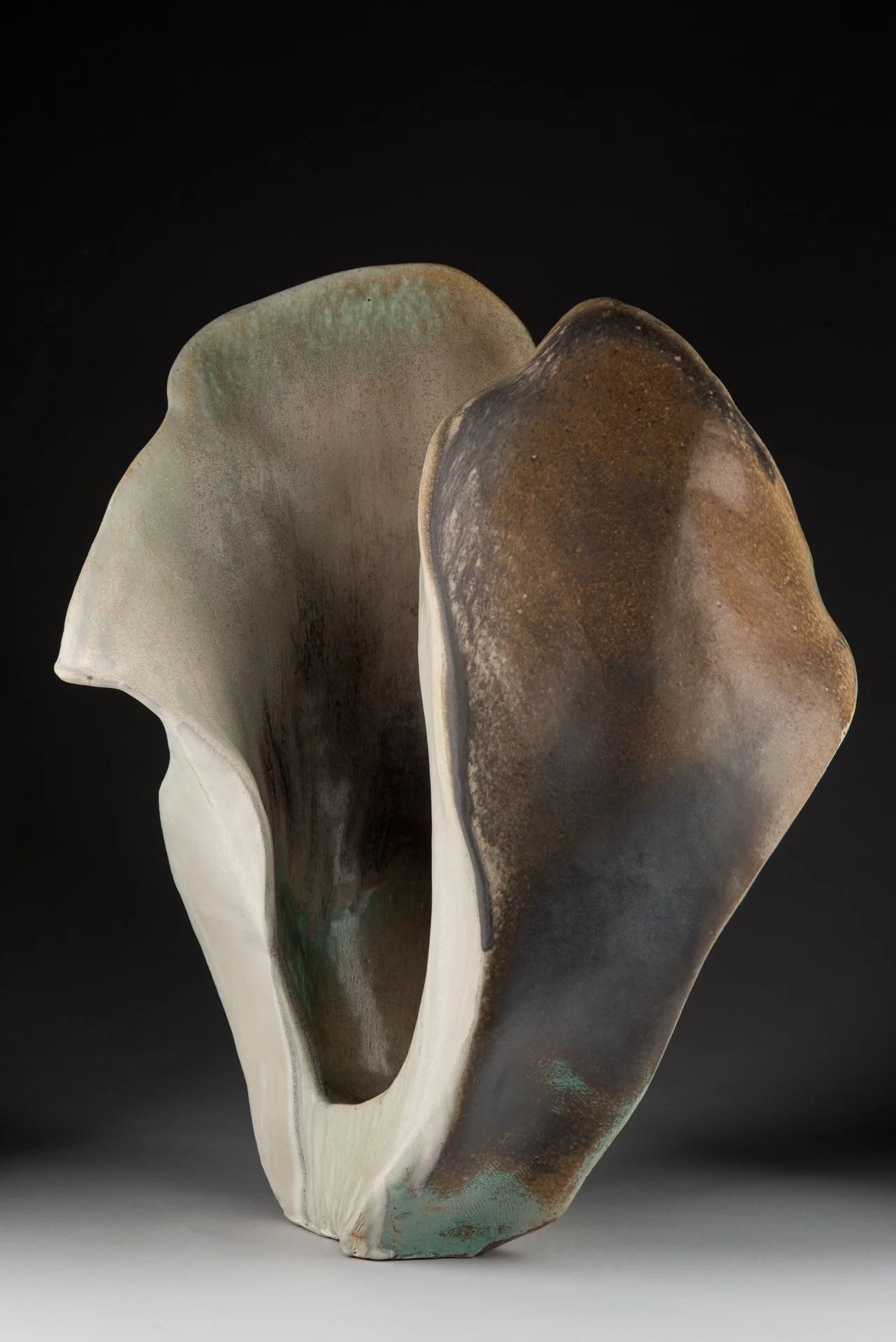 An abstract ceramic sculpture with two sides facing each other like hands about to touch, with organic, flowing forms, one with a muted, speckled surface and the other with a darker surface, set against a dark background.