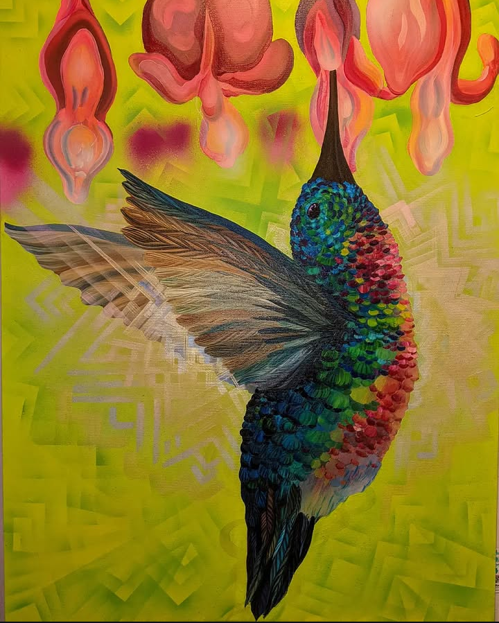 3'x4' mixed media Acrylic and aerosol on canvas. "Humming Hearts"