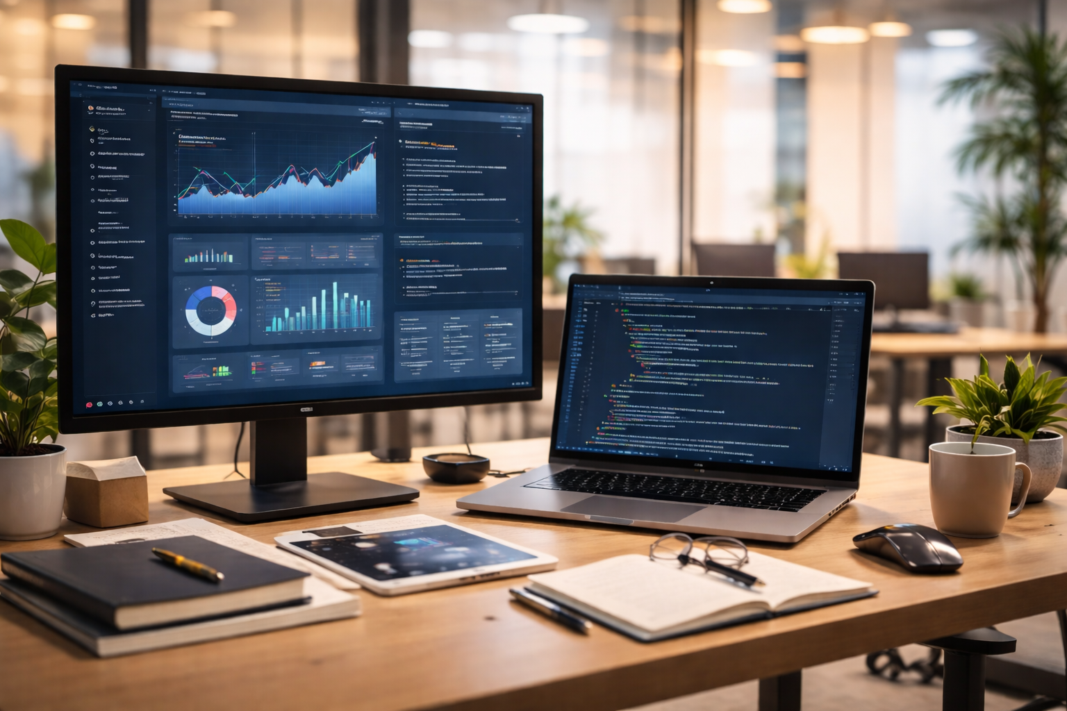 An office desk with a dual-monitor setup displaying data analytics and coding, surrounded by notebooks, a tablet, glasses, pens, potted plants, and a coffee mug, in a bright modern workspace.