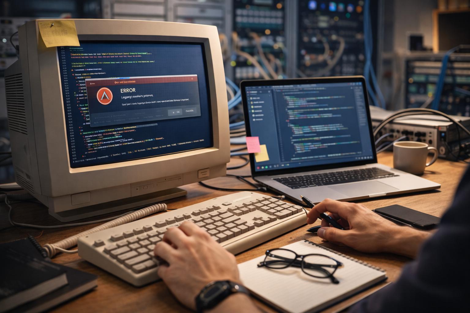 Old computer monitor displaying an error message, surrounded by a keyboard, a laptop with code on the screen, glasses, notebook, and hanging wires in a server room.