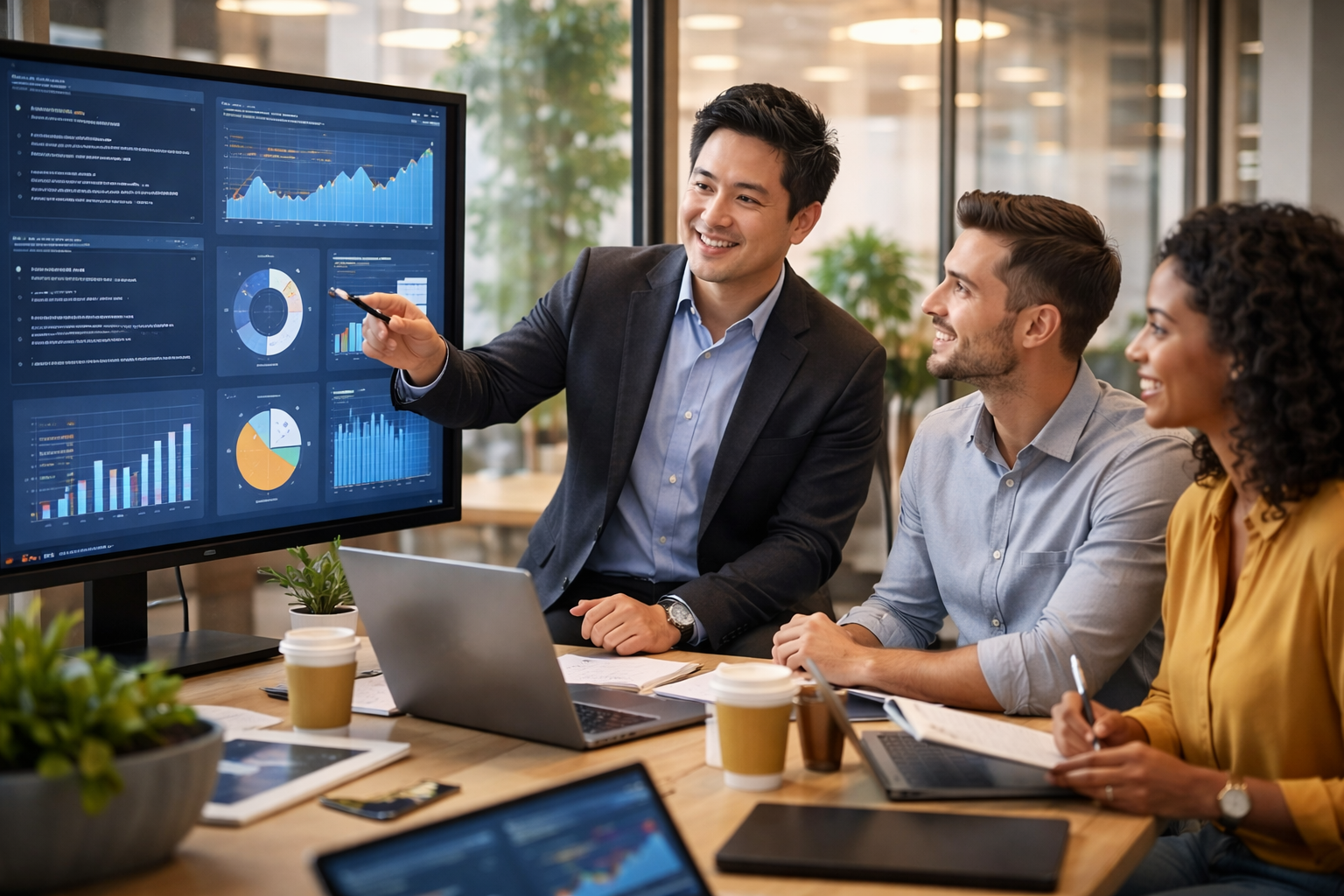Three business professionals in a meeting room, with a man in a suit presenting data on a large screen showing charts and graphs, while two colleagues listen and take notes.