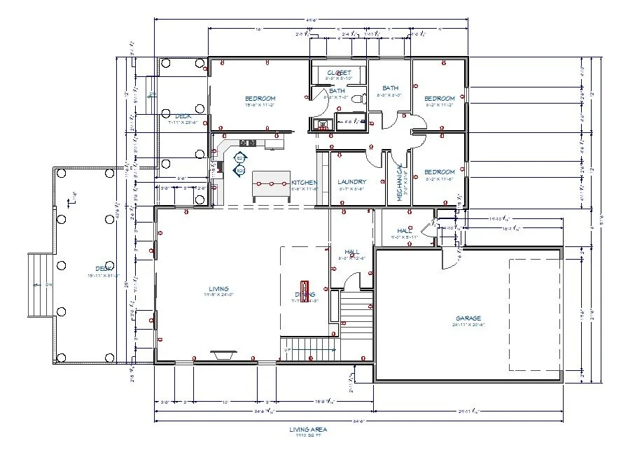 A detailed architectural floor plan of a house showing various rooms including living room, kitchen, bedrooms, bathrooms, laundry area, garage, deck, and hallways, with measurements and layout details.