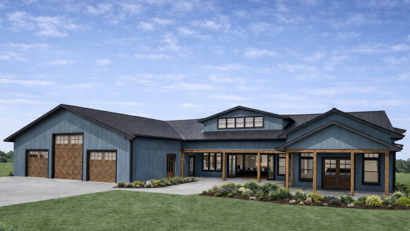 A modern house with blue siding, wooden accents, a three-car garage with wooden doors, and a landscaped front yard with green grass and shrubs under a blue sky.