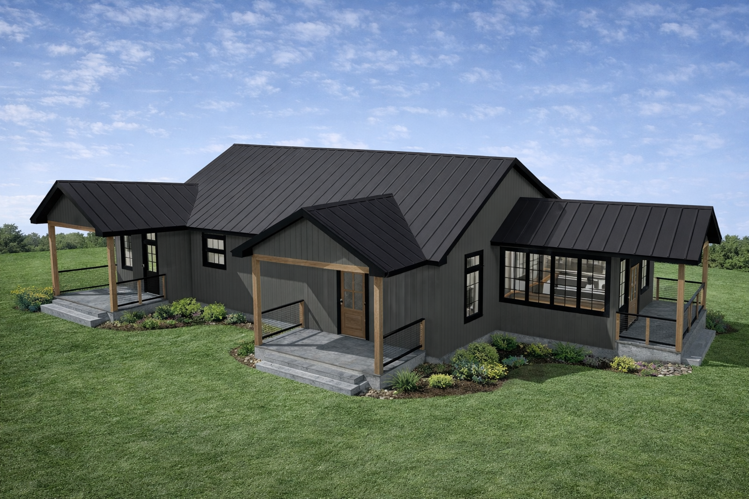 Modern farmhouse-style house with gray siding, black metal roof, large front porch, and surrounding landscaped lawn