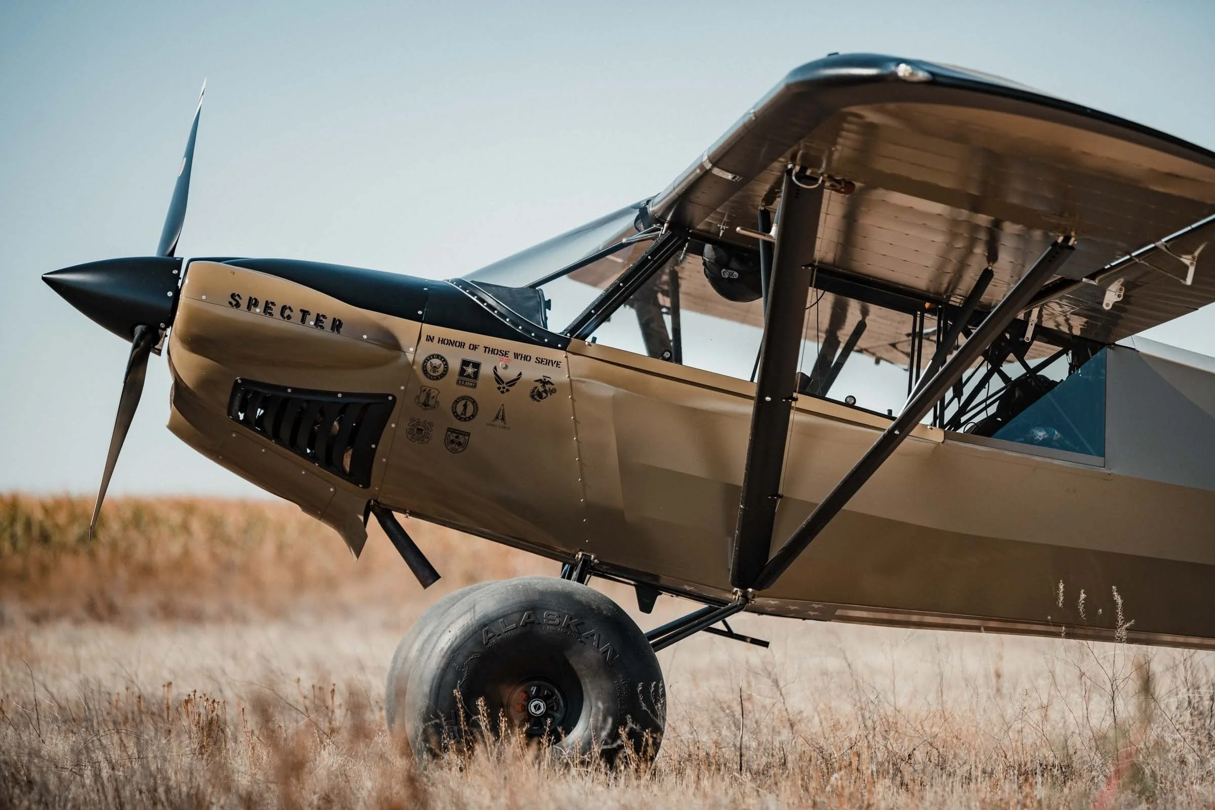 A vintage propeller airplane on a grassy field with a clear sky in the background, featuring military insignias and the word 'SPECTER' on the nose.