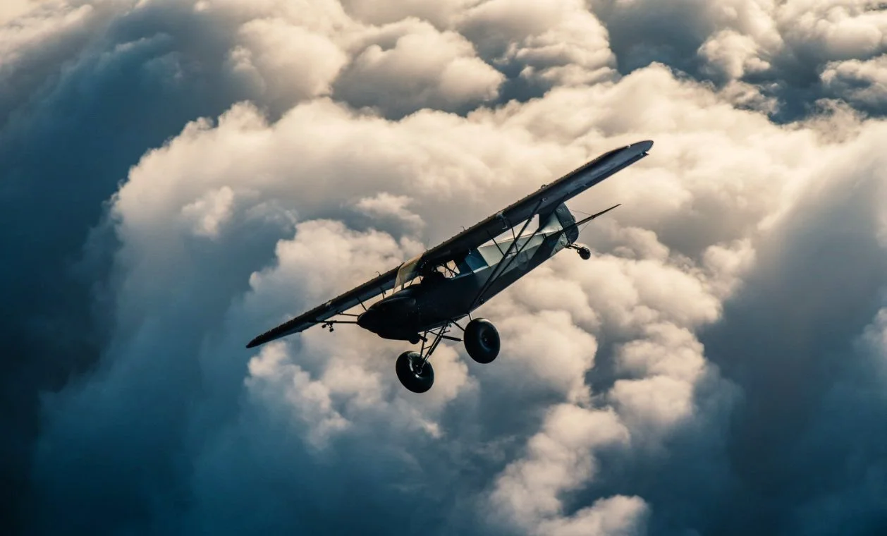 Small single-engine airplane flying above the clouds
