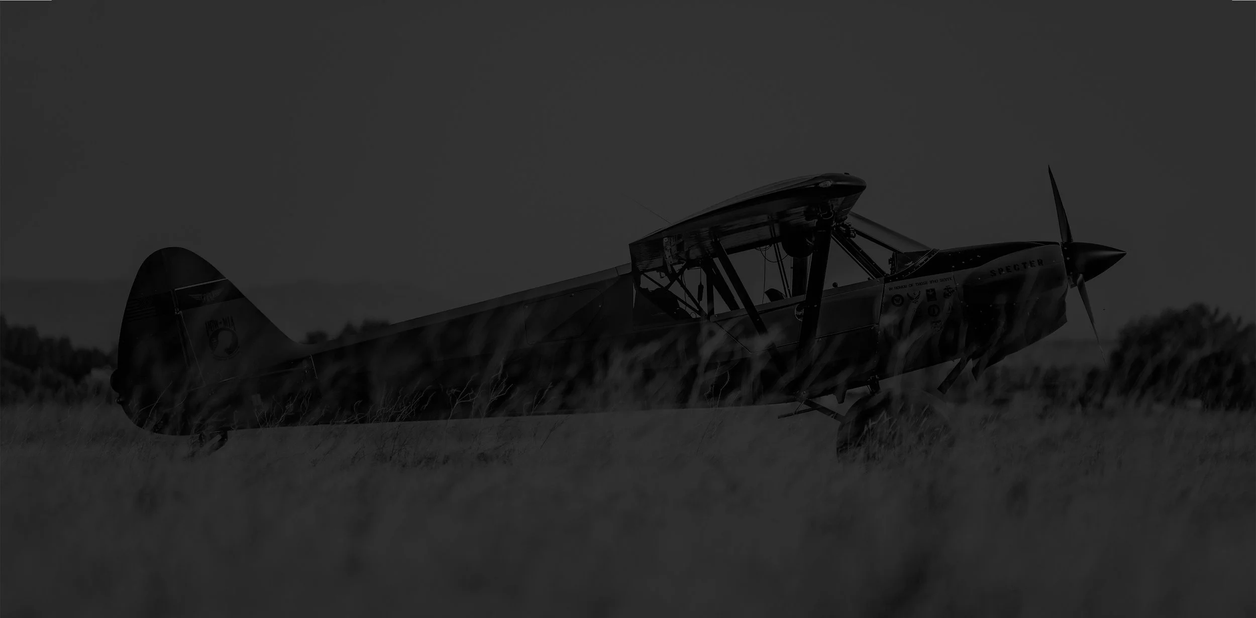 A vintage biplane airplane sitting on a grassy field at dusk or dawn.