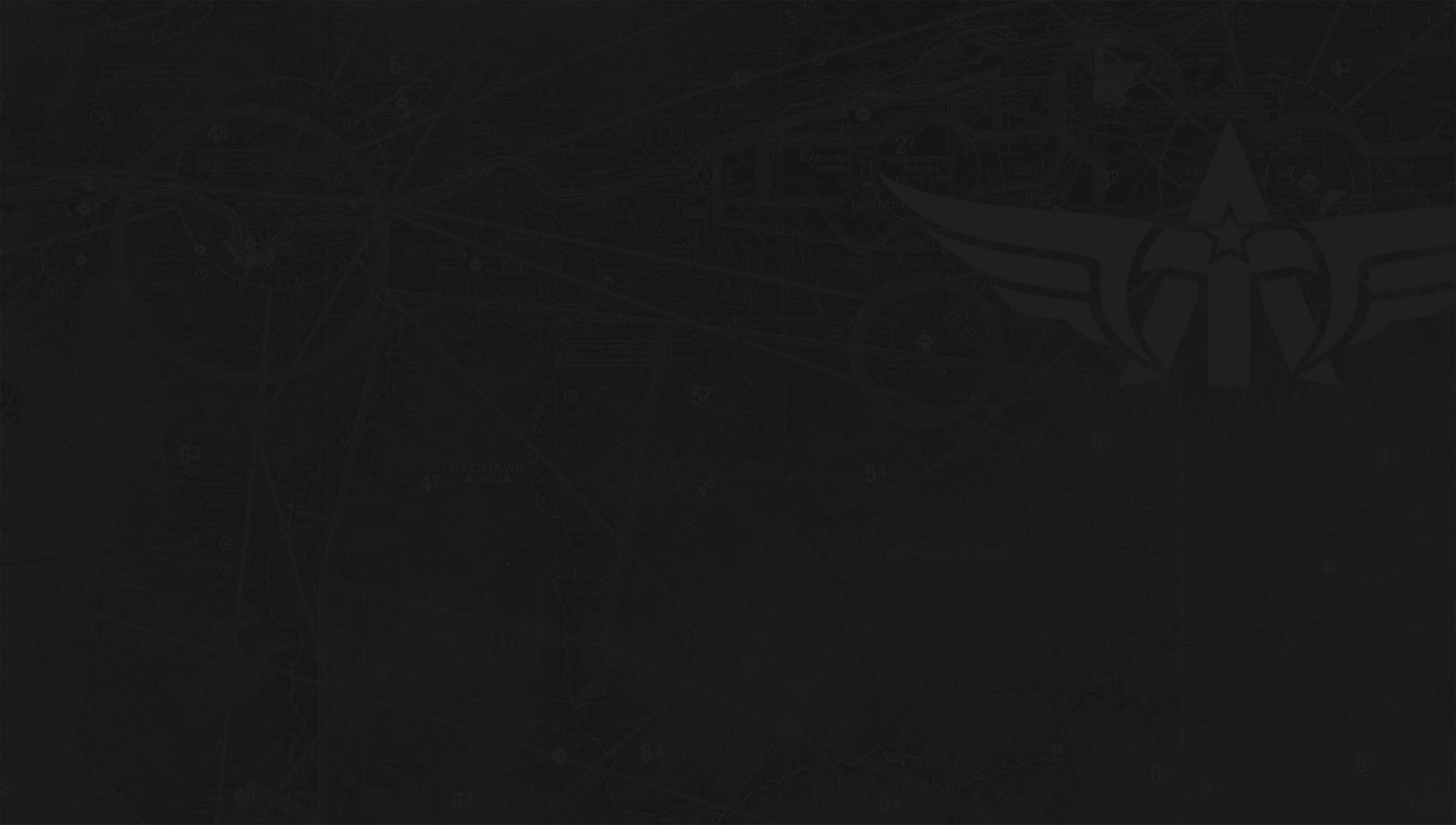 A dark-themed background with a faint, layered map and a flight crew insignia logo with a star, wings, and a helmet.