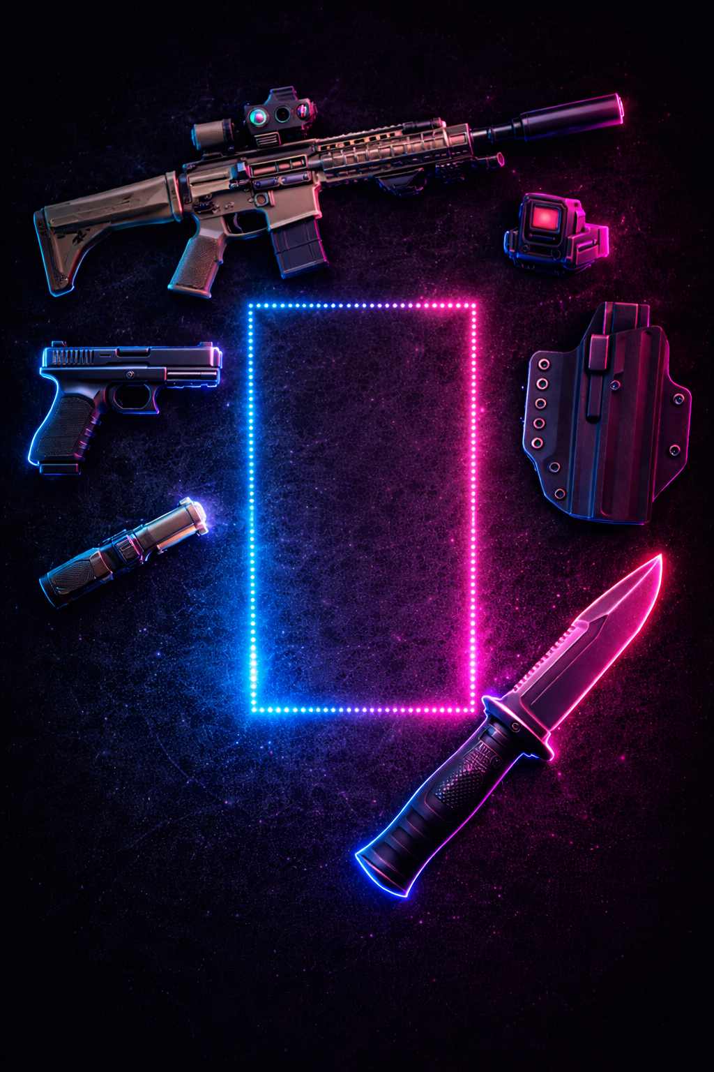 Neon-lit tactical weapons and equipment arranged around a glowing pink and blue rectangle on a dark background.