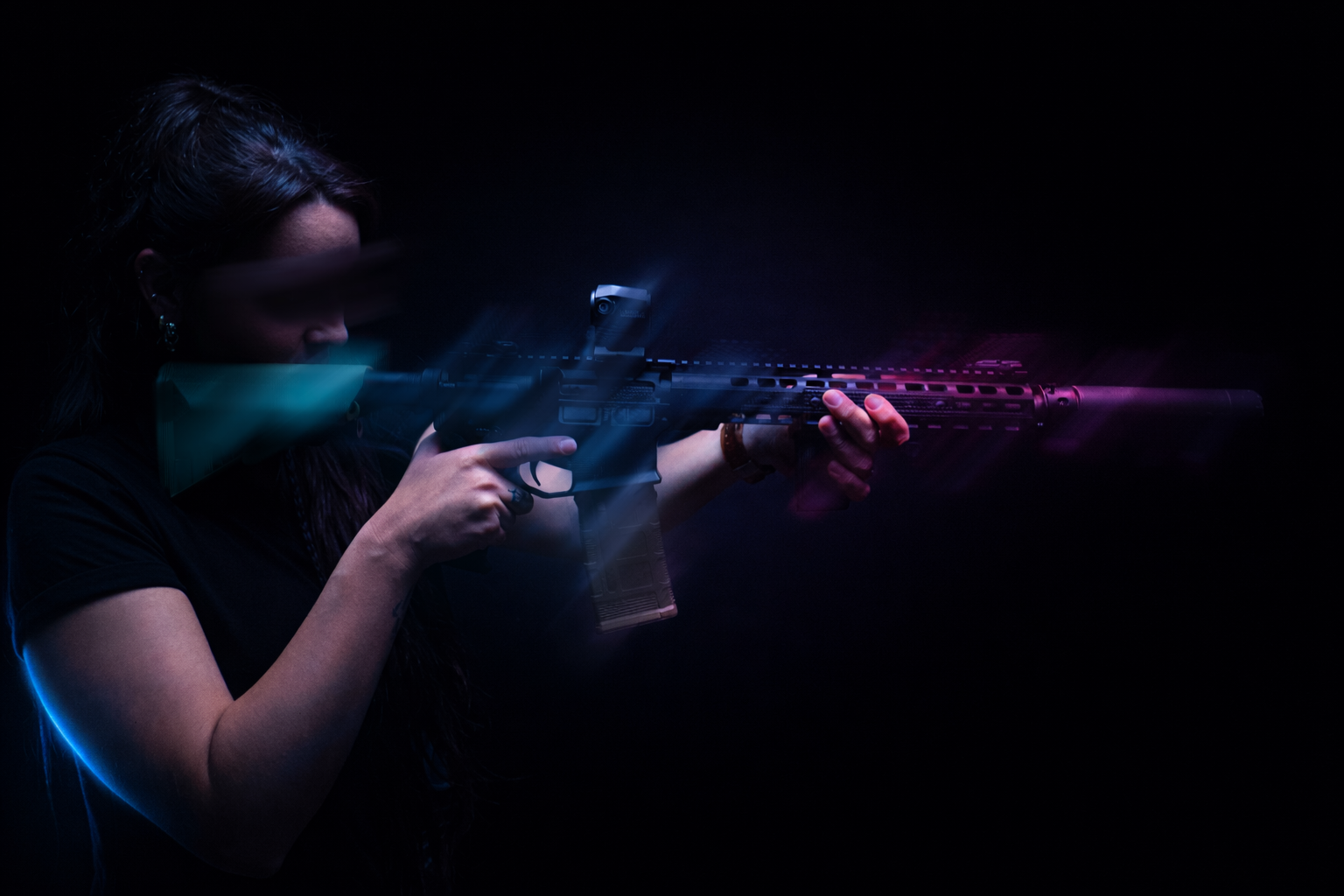 A woman aiming a rifle with a scope in a dark environment, with glowing neon lights reflecting off the gun and her face.