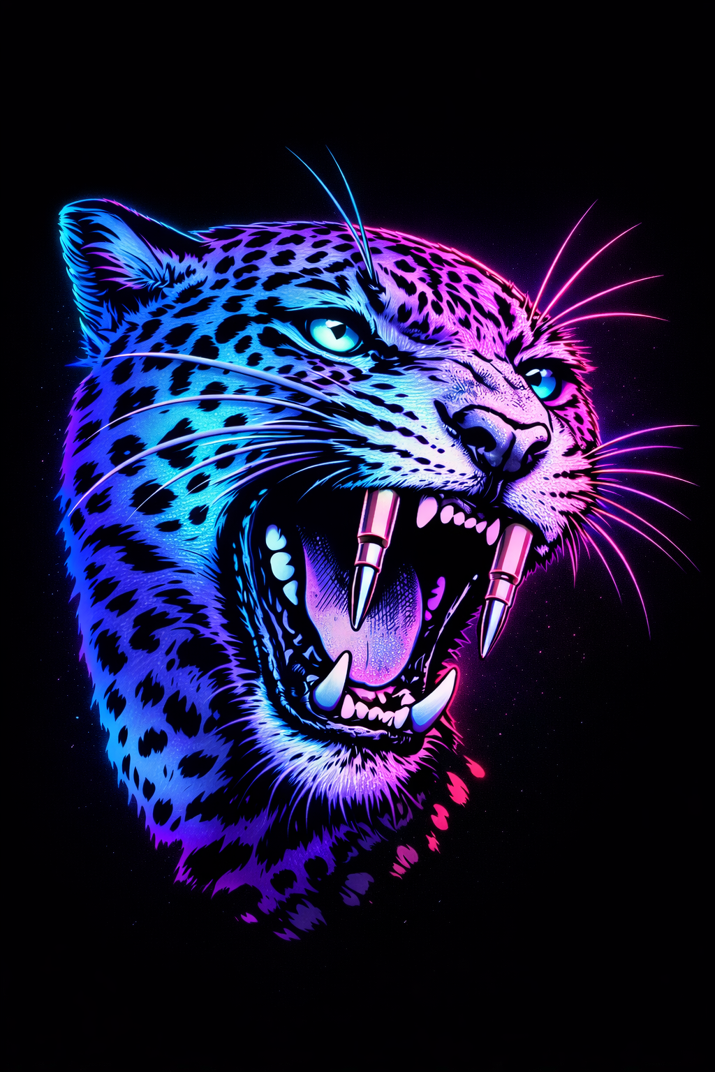 Digital artwork of a fierce jaguar with neon pink and blue lights, showcasing sharp teeth, long fangs, and piercing eyes on a black background.