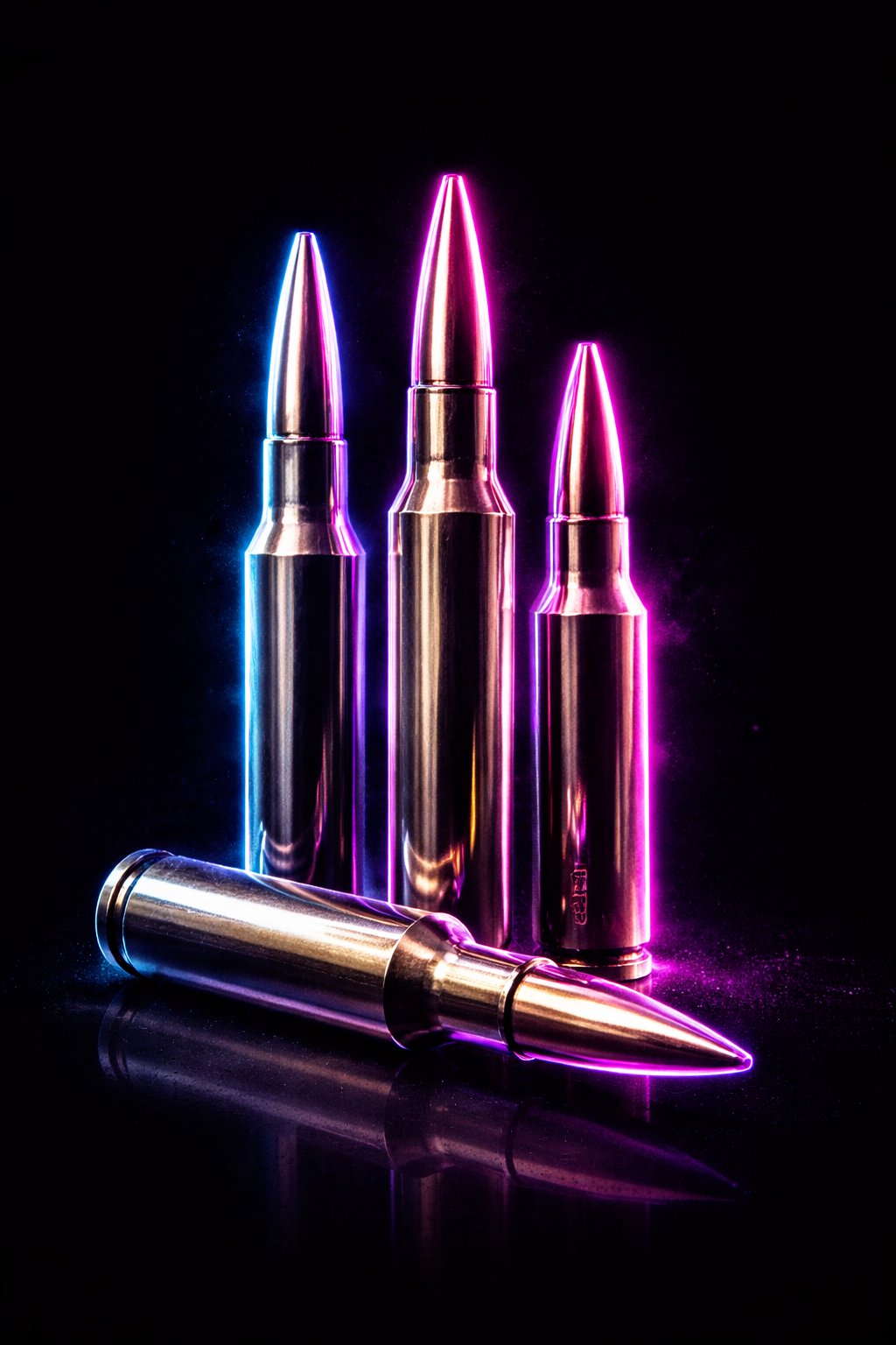 Five metallic bullets with neon-colored edges on a dark background, with one bullet laying down and four standing upright.