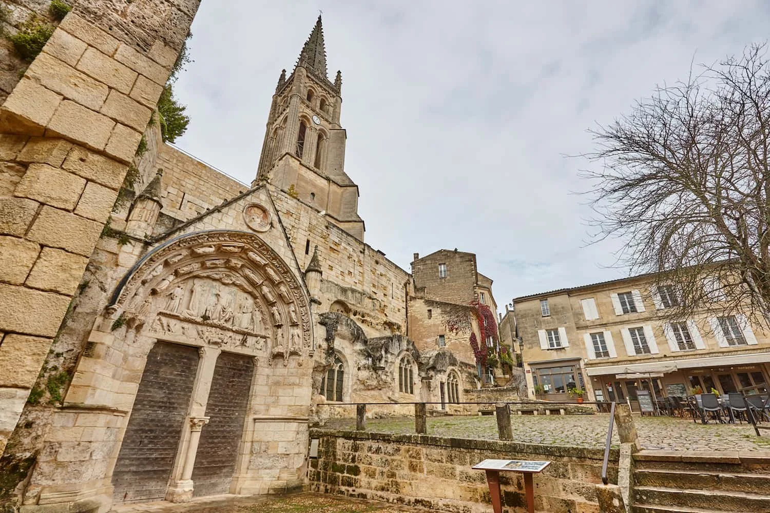 The bell tower of the monolithic church above the village of Saint-Émilion, Gironde, France.