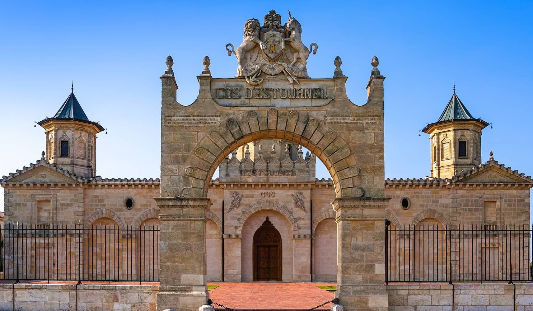 The pagodas and entrance arch at Château Cos d'Estournel, Saint-Estèphe, Médoc, France.