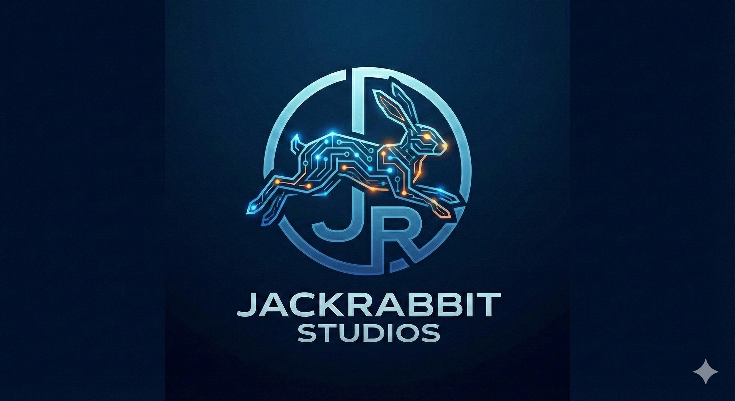 Logo of Jackrabbit Studios featuring a neon outline of a running hare with circuit-like patterns, enclosed in a circle with the initials 'JR' and the text 'JACKRABBIT STUDIOS' beneath.