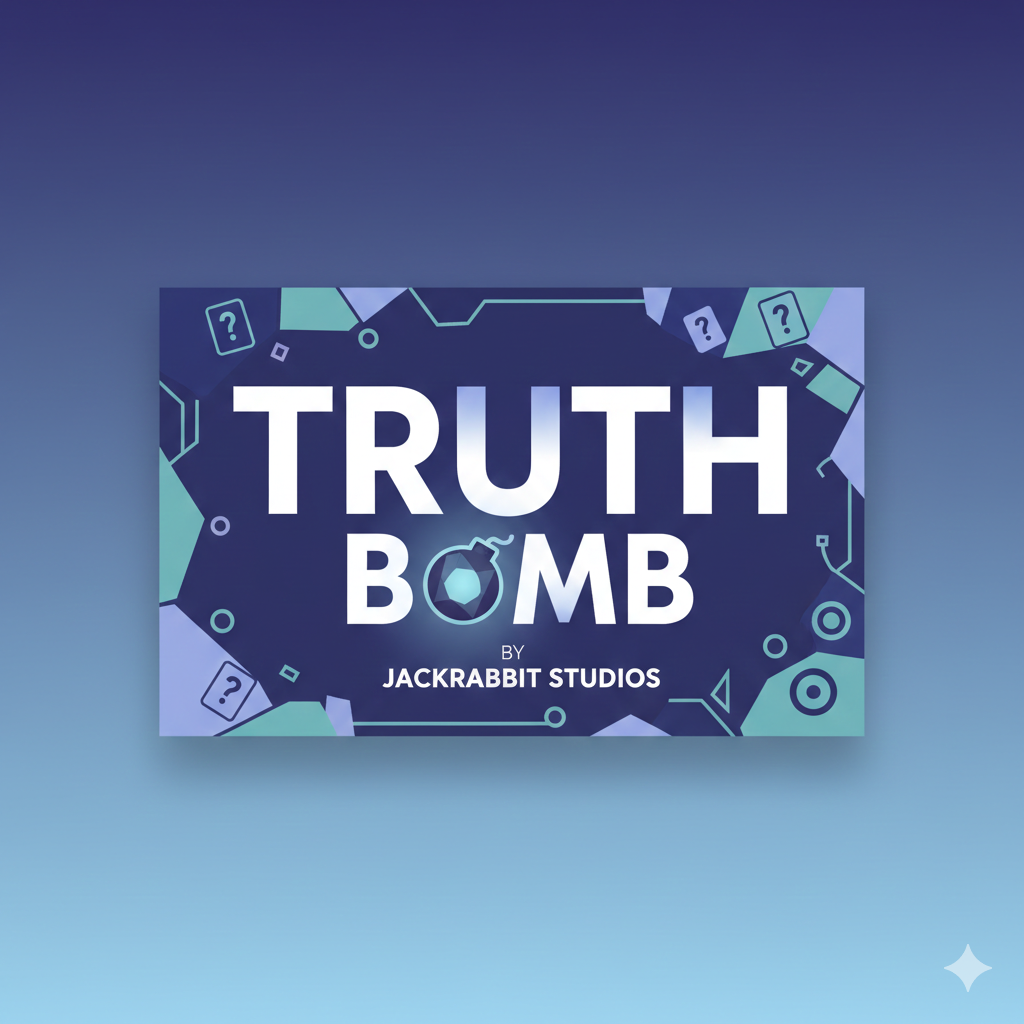 A gaming logo for 'Truth Bomb' by Jackrabbit Studios featuring a bomb icon replaced with a question mark, with a dark blue background and various geometric shapes and question marks.