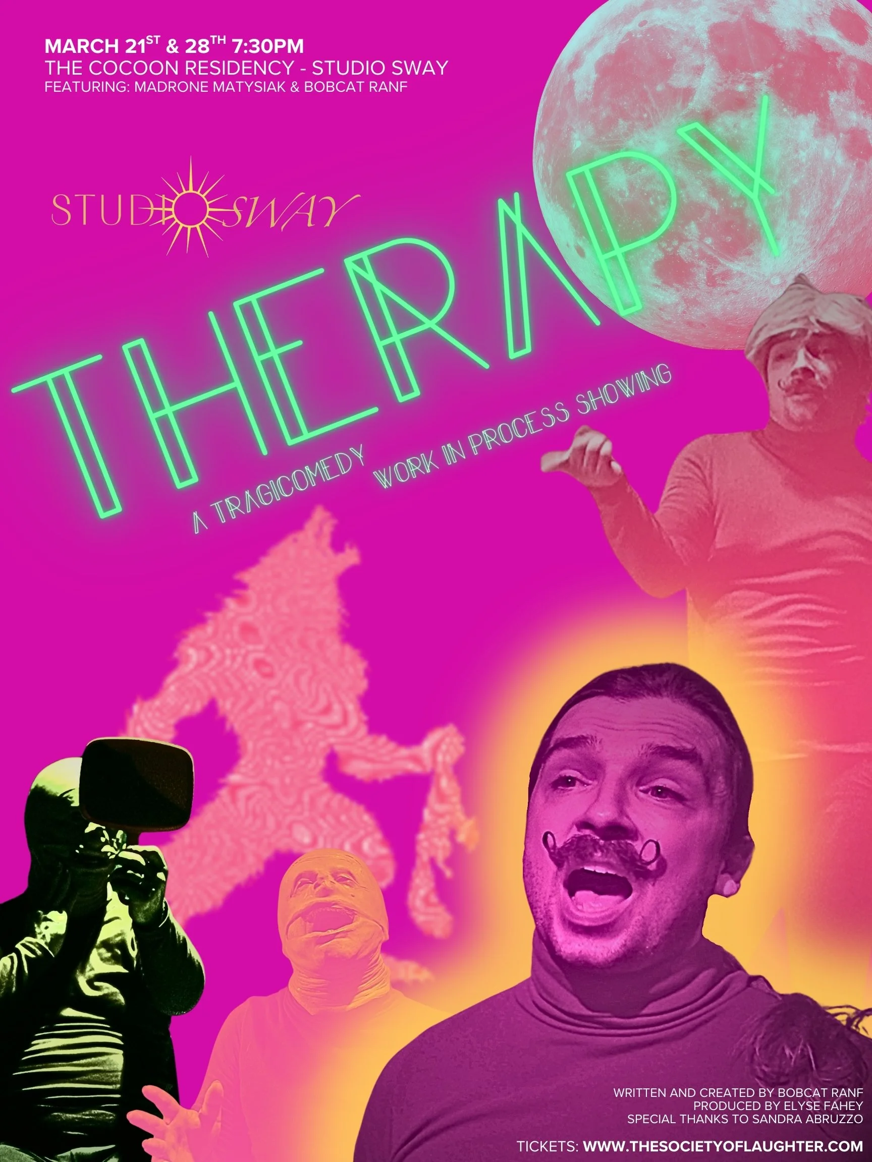 Colorful poster for a theatrical comedy titled "Therapy" by Studio Sway. The poster features three men, a large moon in the background, and a silhouette of a lion. The text highlights performances on March 21st and 28th at 7:30 PM, with details about the cast, producer, and ticket website.