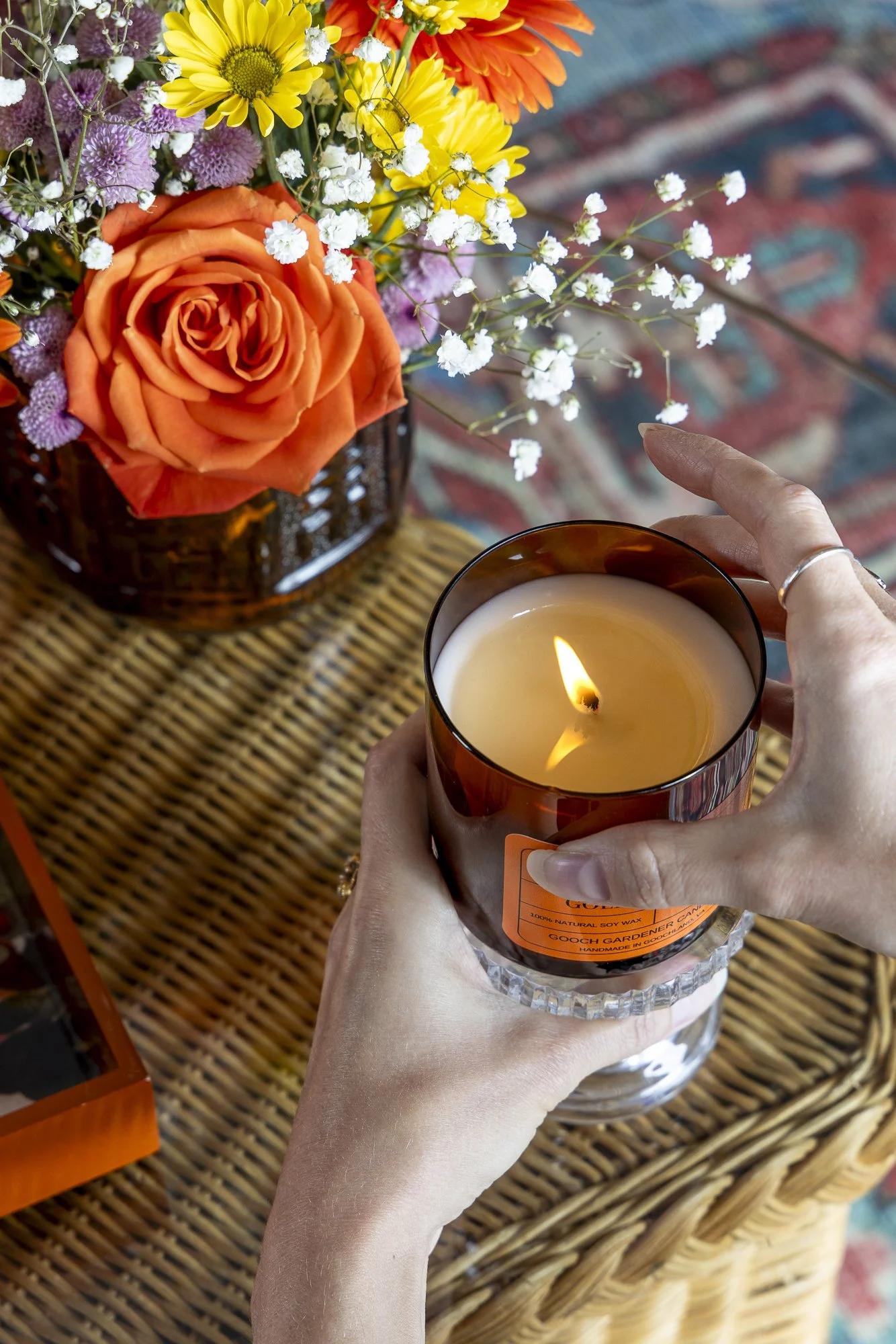 Styled commercial product photography for Gooch Gardener Candle Co.