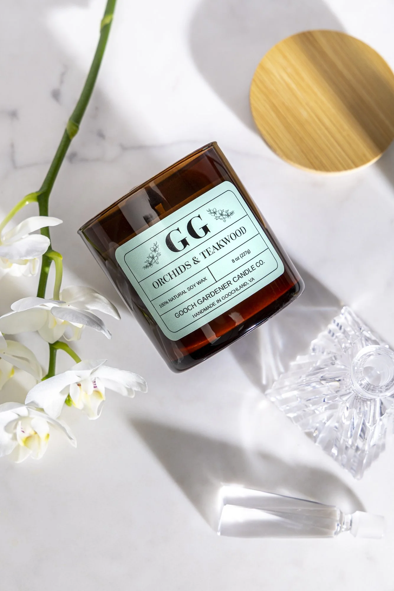 Styled commercial product photography for Gooch Gardener Candle Co.