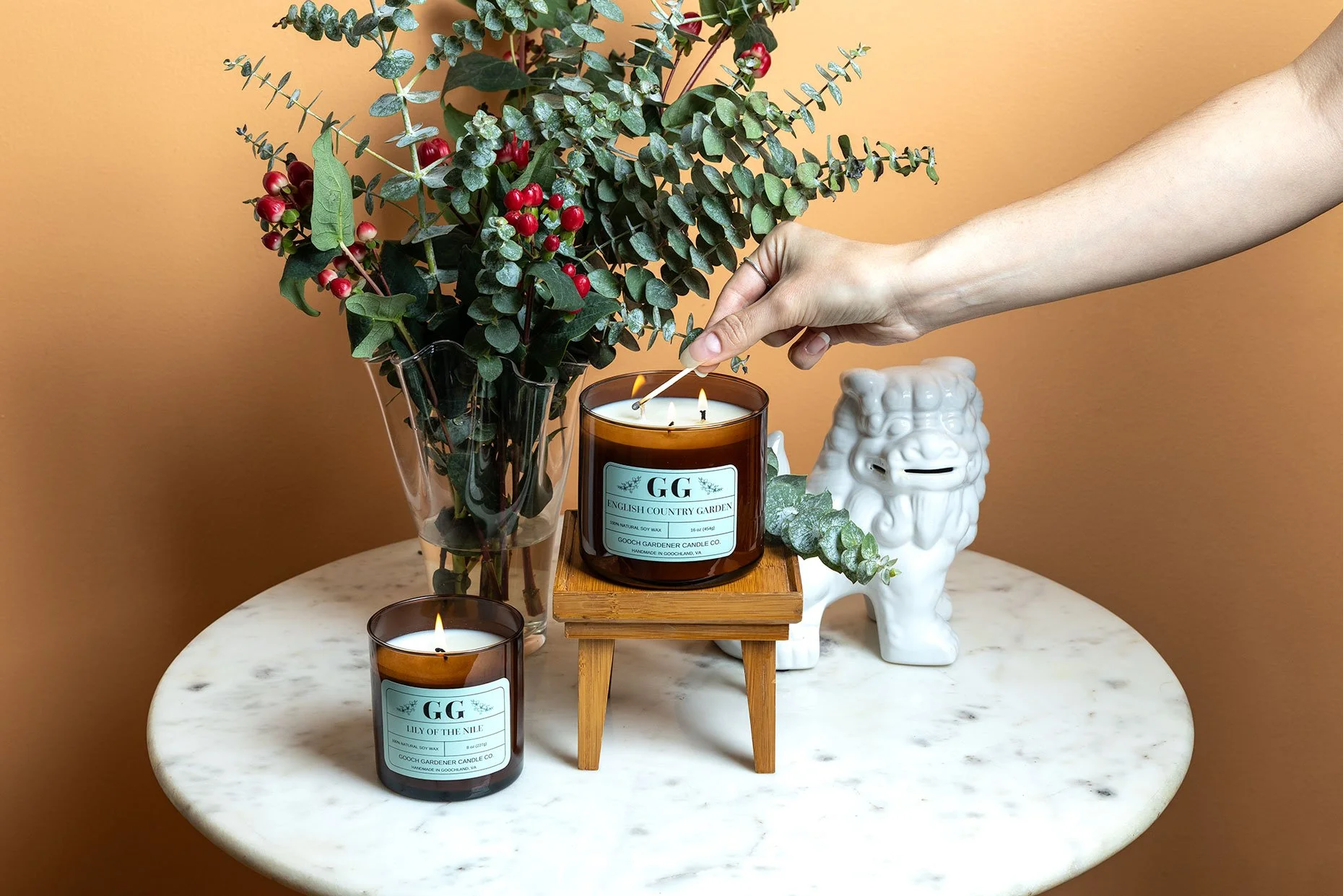 Styled commercial product photography for Gooch Gardener Candle Co.