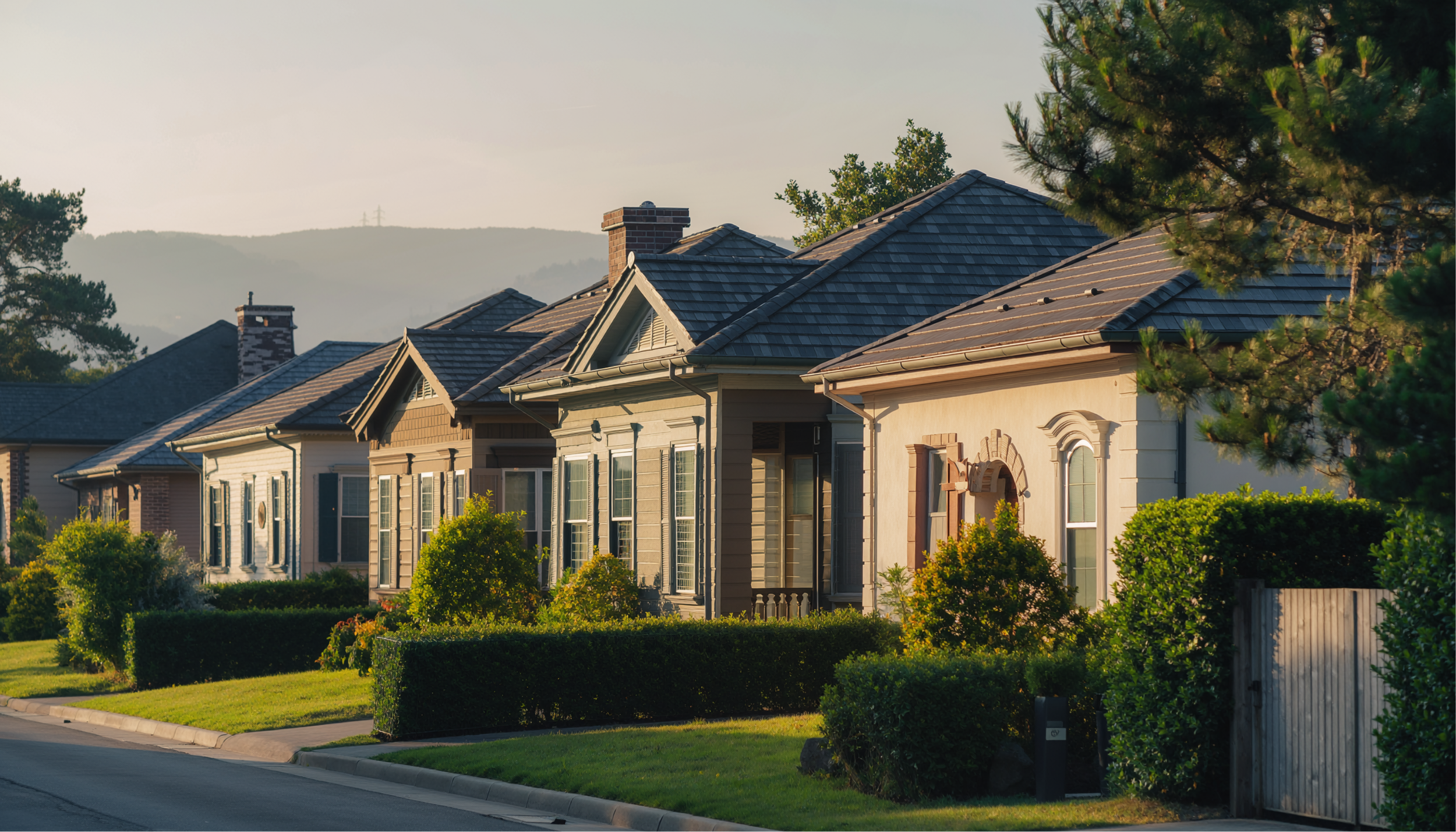 Row of investment properties in a suburban houses with manicured lawns