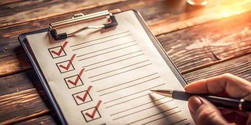 A clipboard with a checklist on a wooden table.