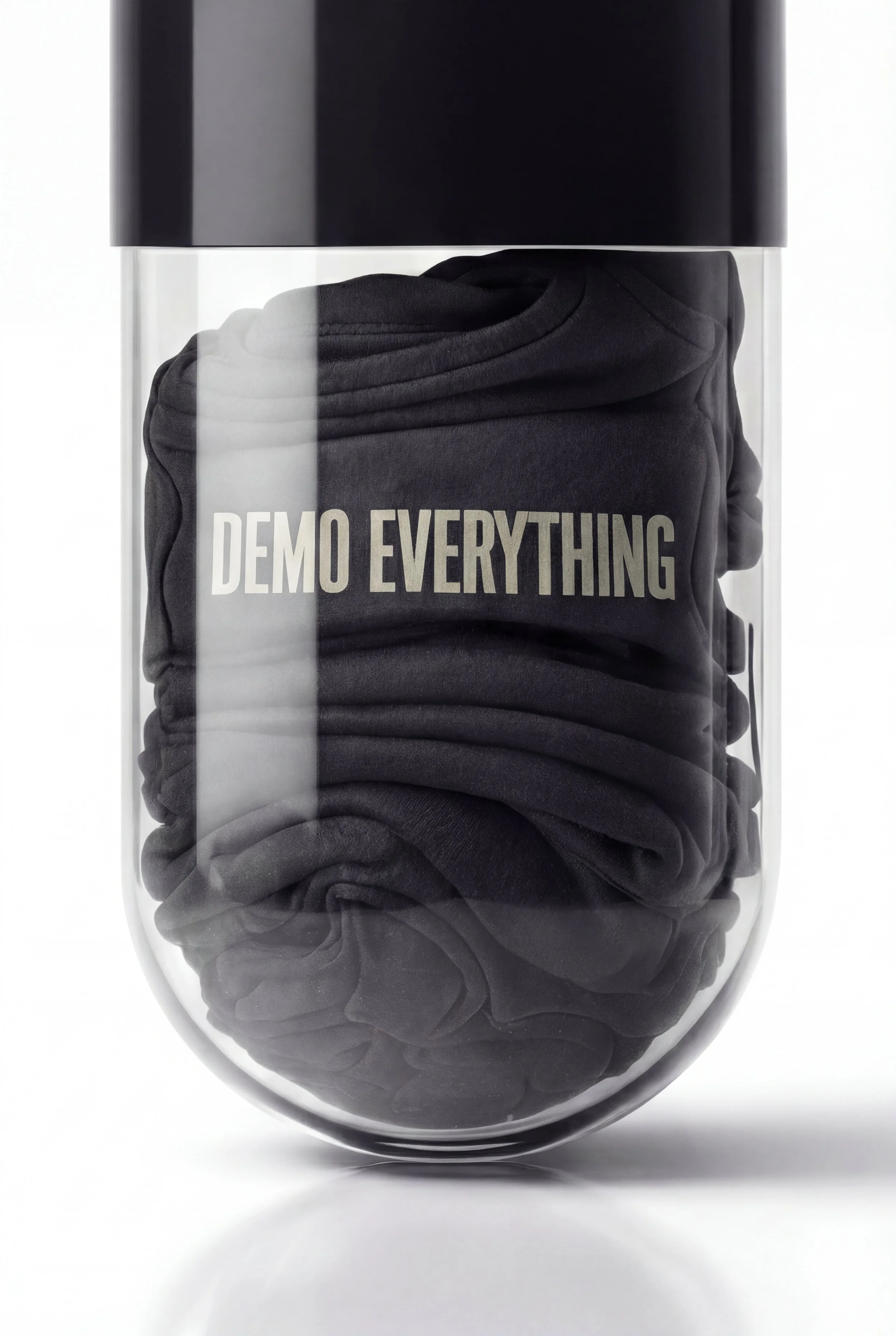 A glass jar containing black folded t-shirts with the words "DEMO EVERYTHING" printed on the front.