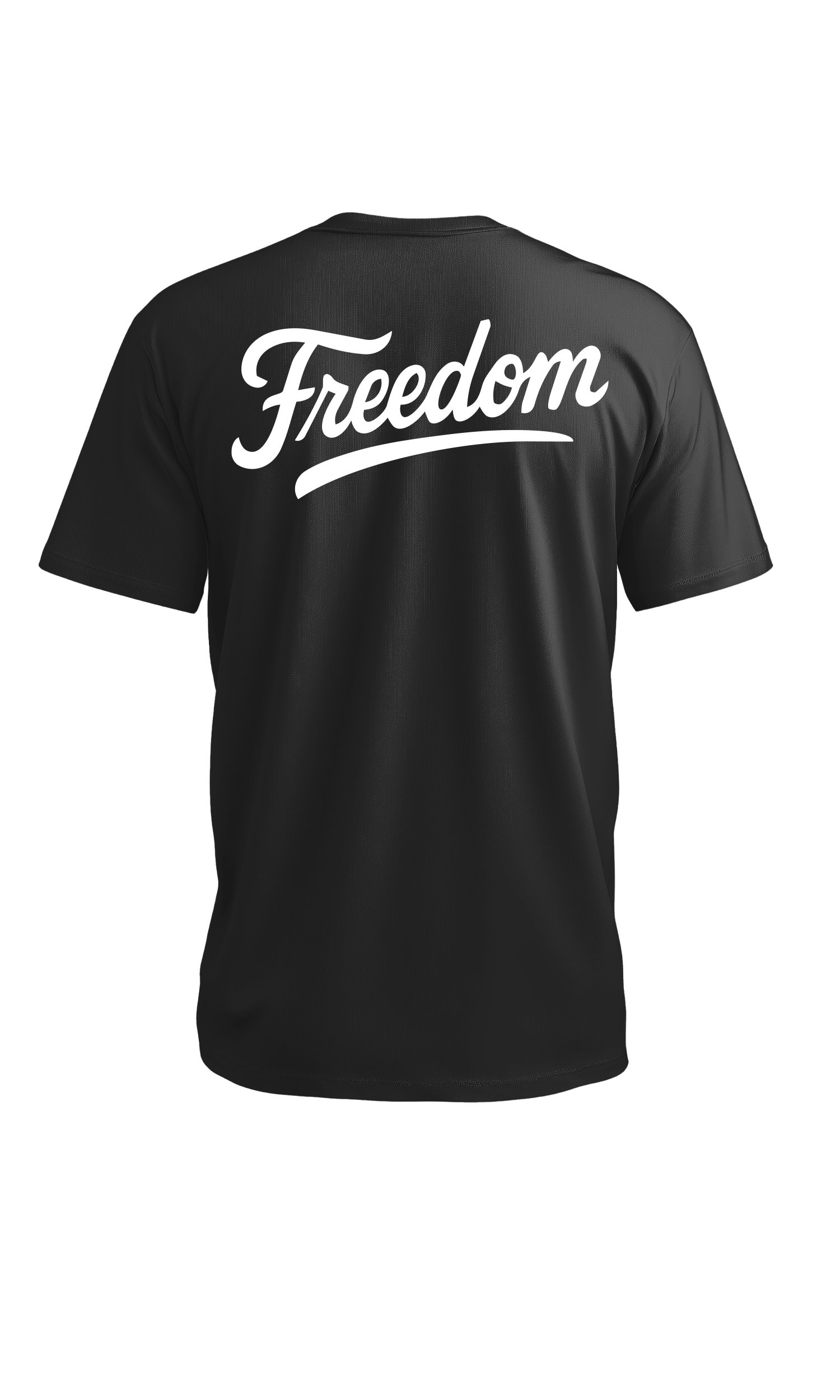 Dryfire House black t-shirt with Freedom cursive graphic on the back — patriotic shooting apparel