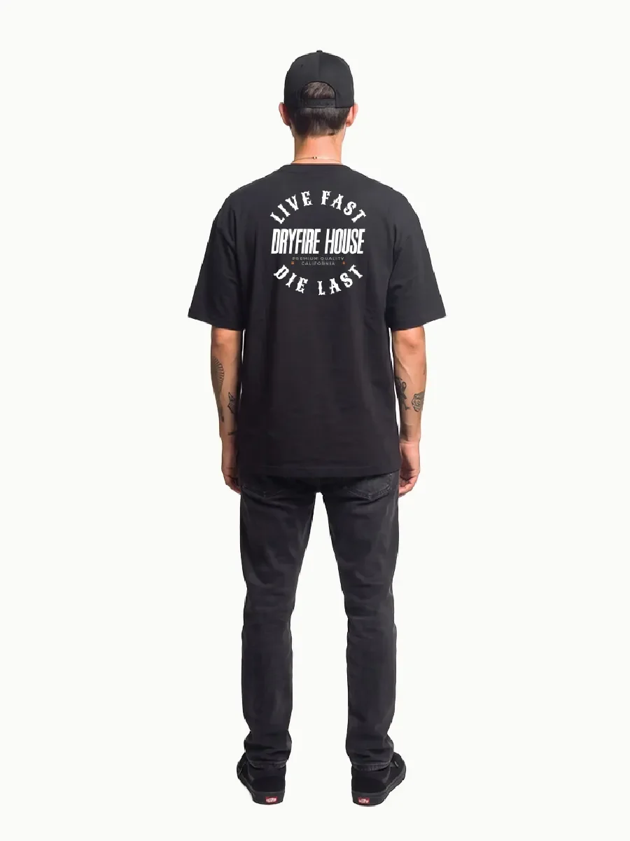 DRYFIRE HOUSE men's apparel featuring a black graphic T-shirt.
