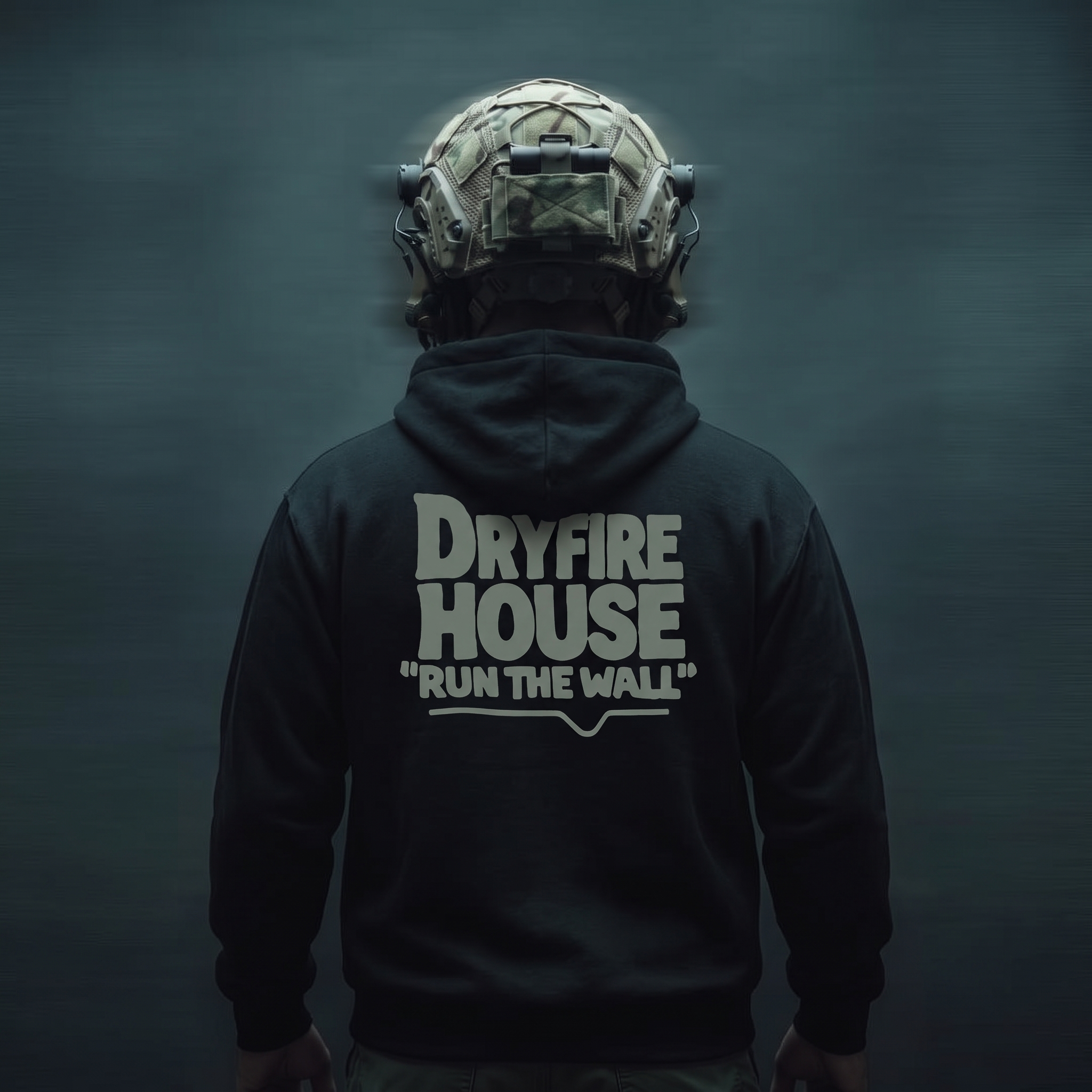 Back view of a person wearing DRYFIRE HOUSE apparel with tactical gear, helmet, and hearing protection.