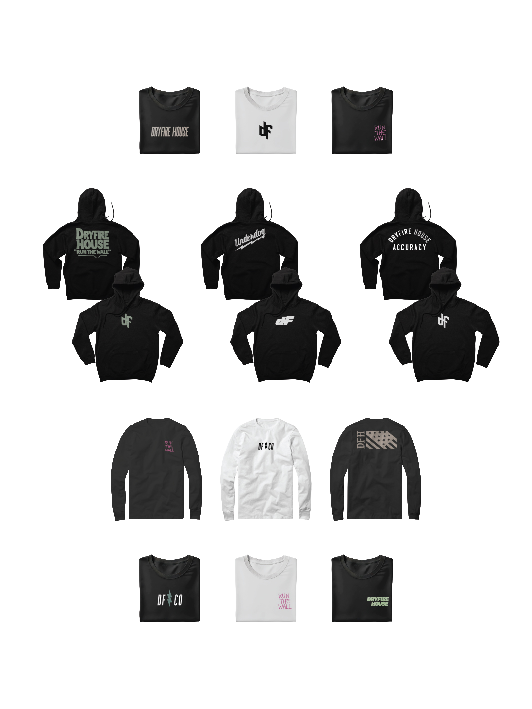 A collection of black and white athletic clothing, including T-shirts, hoodies, and long sleeve shirts, featuring various text and logo designs, displayed on a white background.