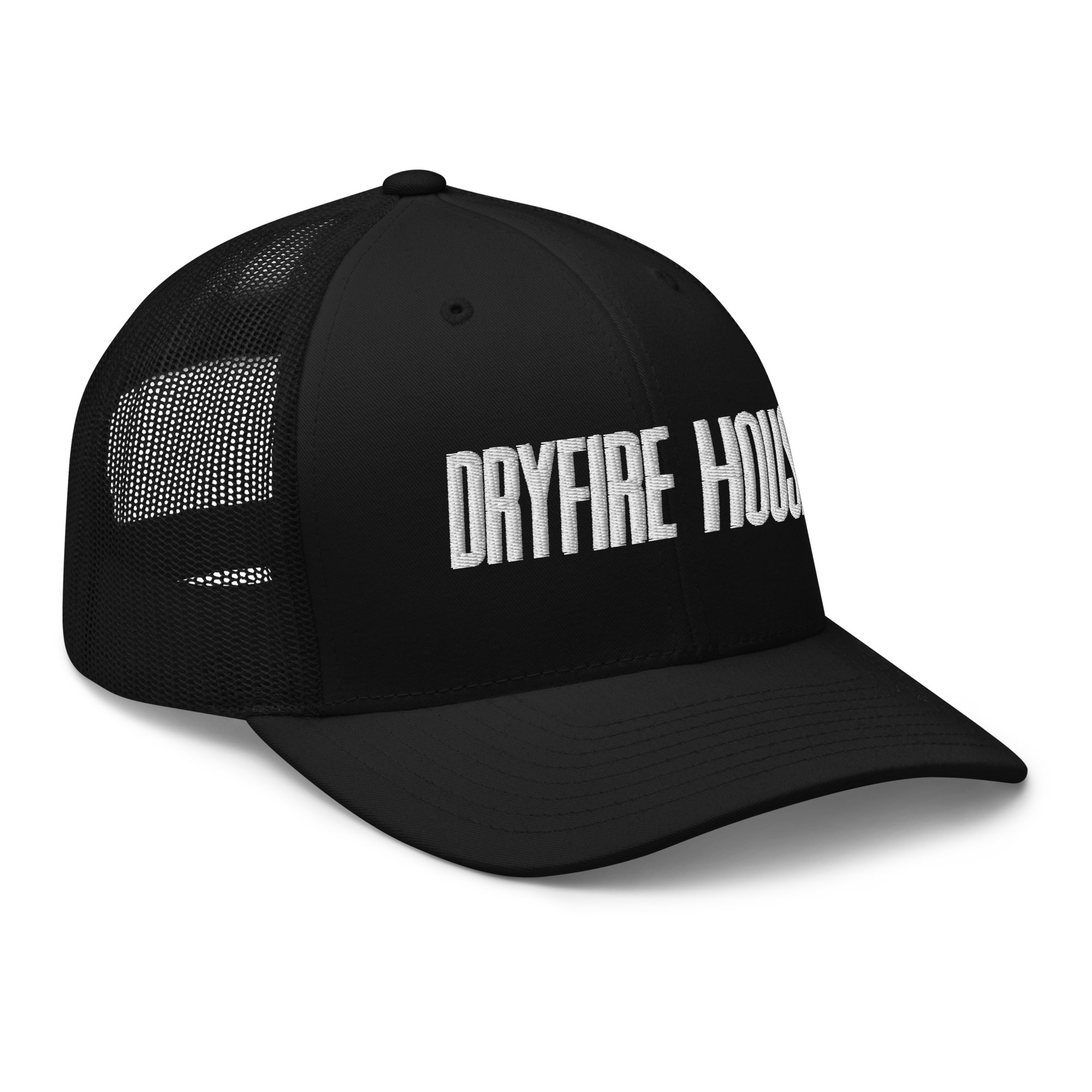 Dryfire House black trucker hat with Dryfire House embroidered text — dry-fire training headwear