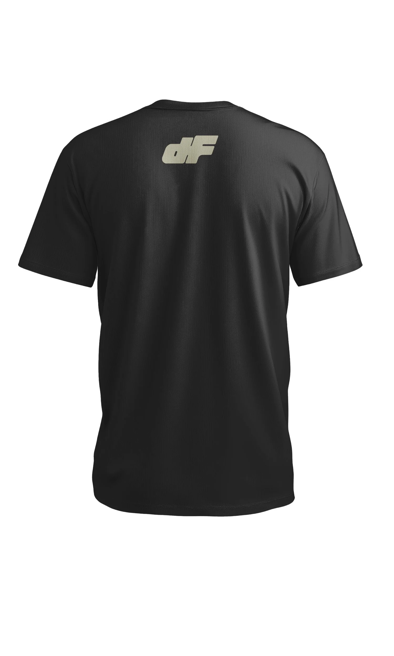 Black sports T-shirt with a beige logo on the back that says 'dF' for DRYFIREHOUSE.